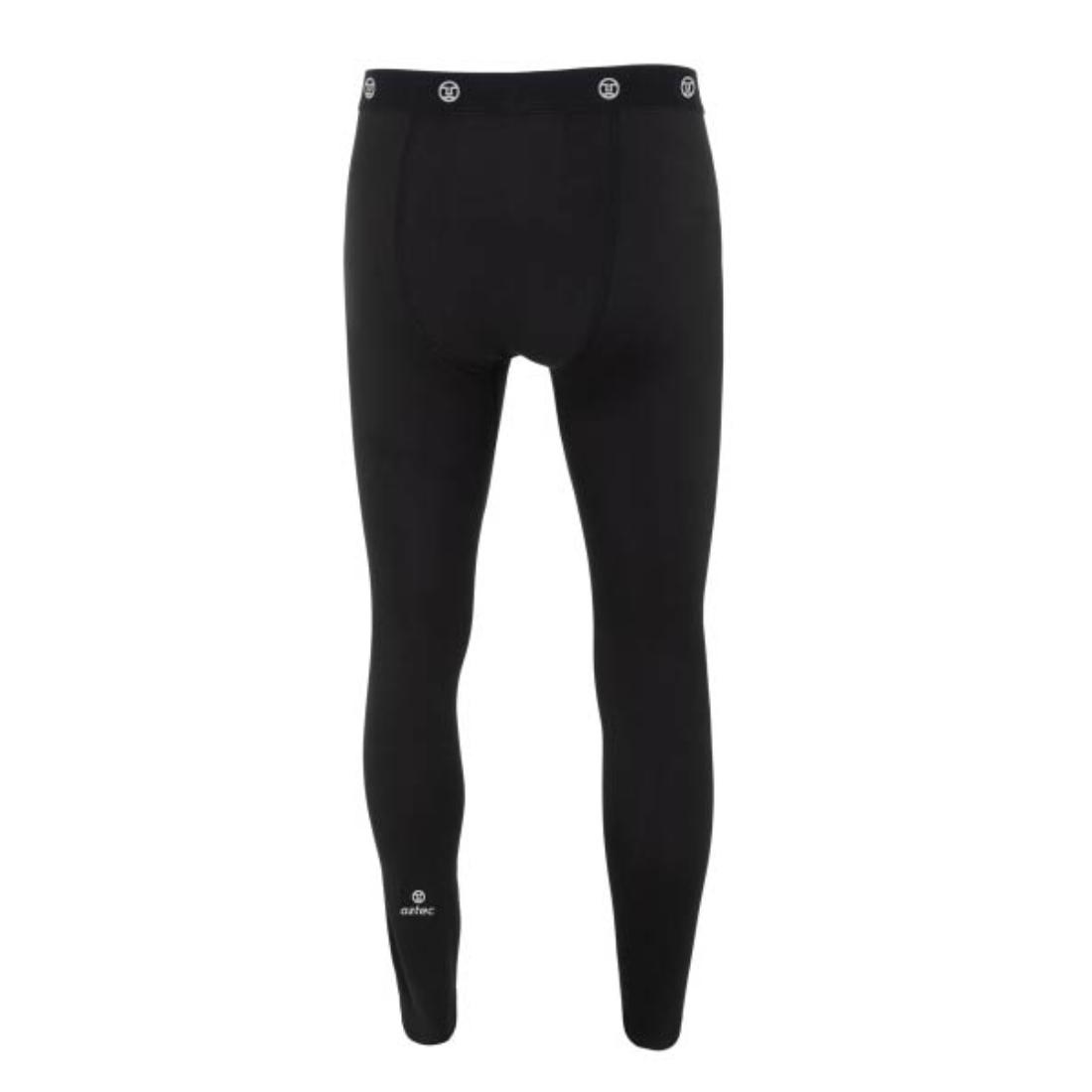 מכנסי תרמיים ארוכים לגברים Aztec Thermo Pant III 2.0 M בצבע שחור מבית Aztec כוללים חגורה אלסטית, דוגמאות מעגליות קטנות ולוגו לבן ליד הקרסול השמאלי. מוצגים על רקע לבן חלק.
