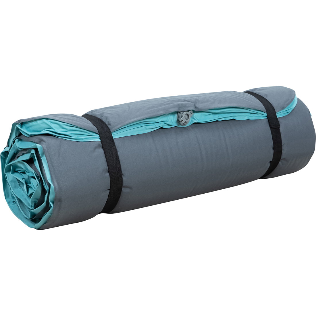 מזרן ה-Aztec Deep Sleep, המגולגל בצבעי טורקיז ואפור עם שתי רצועות שחורות, מיועד לקמפינג או לשימוש בשטח.