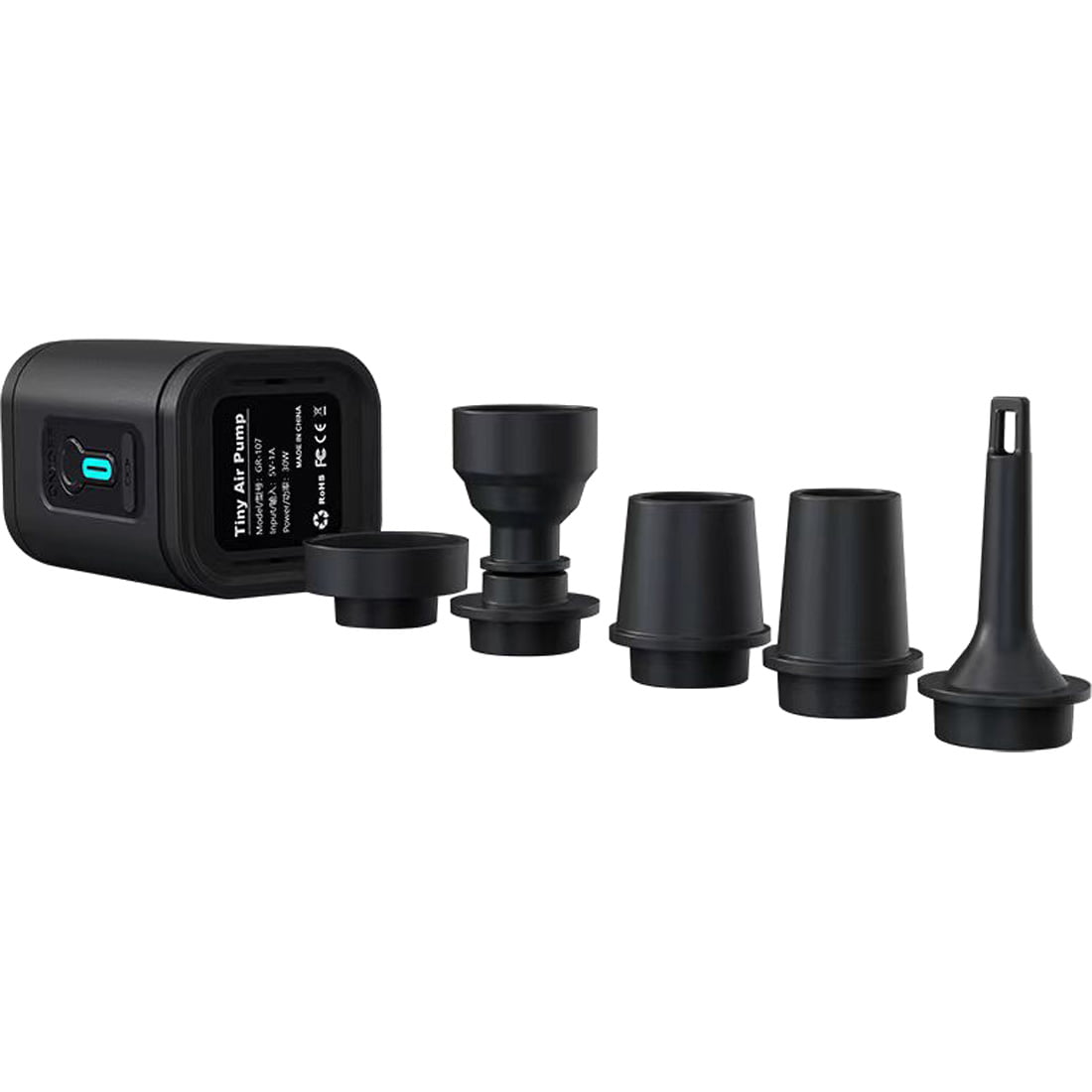 משאבת האוויר Aztec Neo Mini בצבע שחור כוללת תצוגה דיגיטלית ומגיעה עם שישה פייות, המוצגות כולן על רקע לבן. משאבה קומפקטית זו מספקת ביצועי ניפוח מגוונים המתאימים לצרכים רבים.