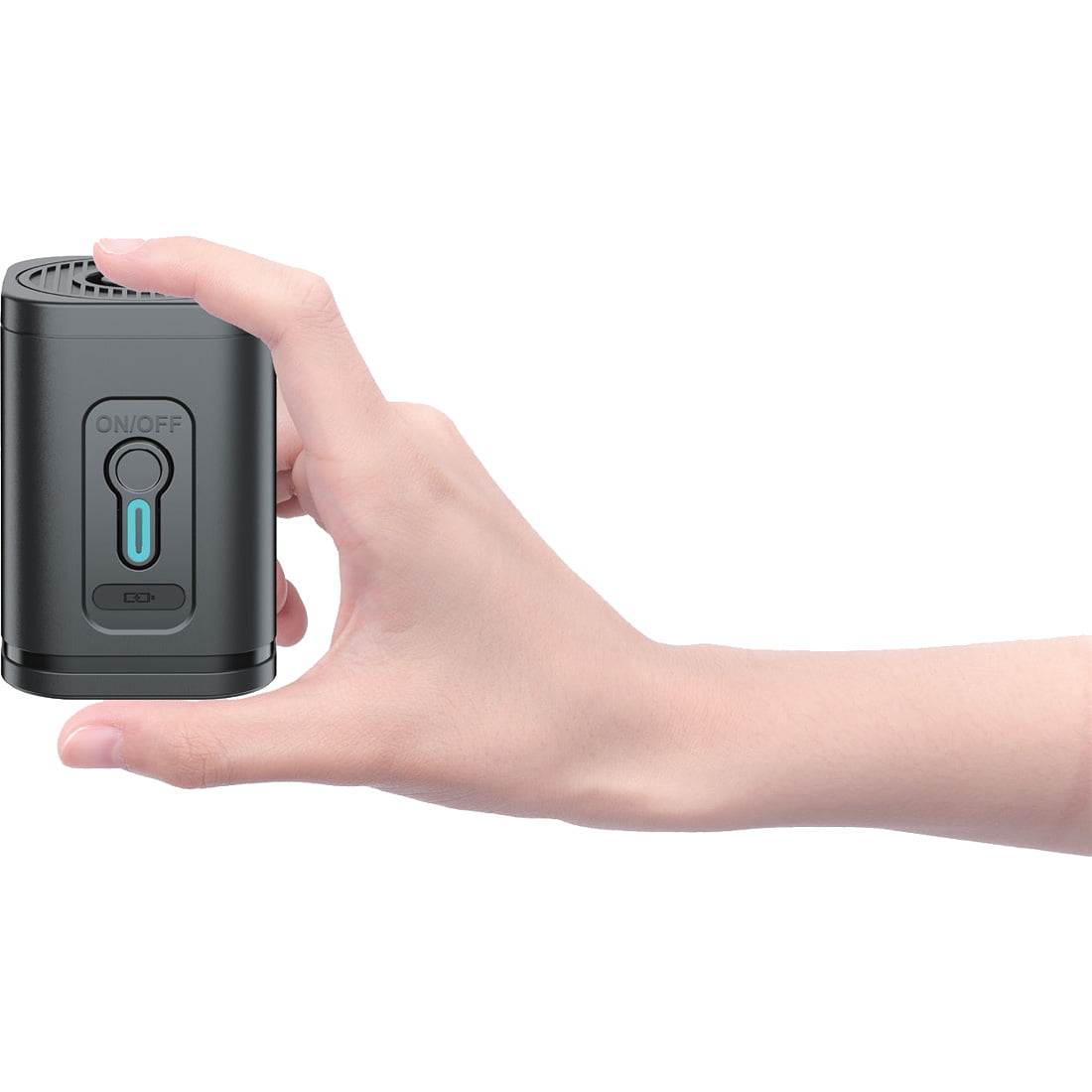 יד אוחזת במשאבת האוויר Aztec Neo Mini, מכשיר שחור וקומפקטי עם מתג הפעלה/כיבוי בחזיתו, המוצג על רקע לבן.