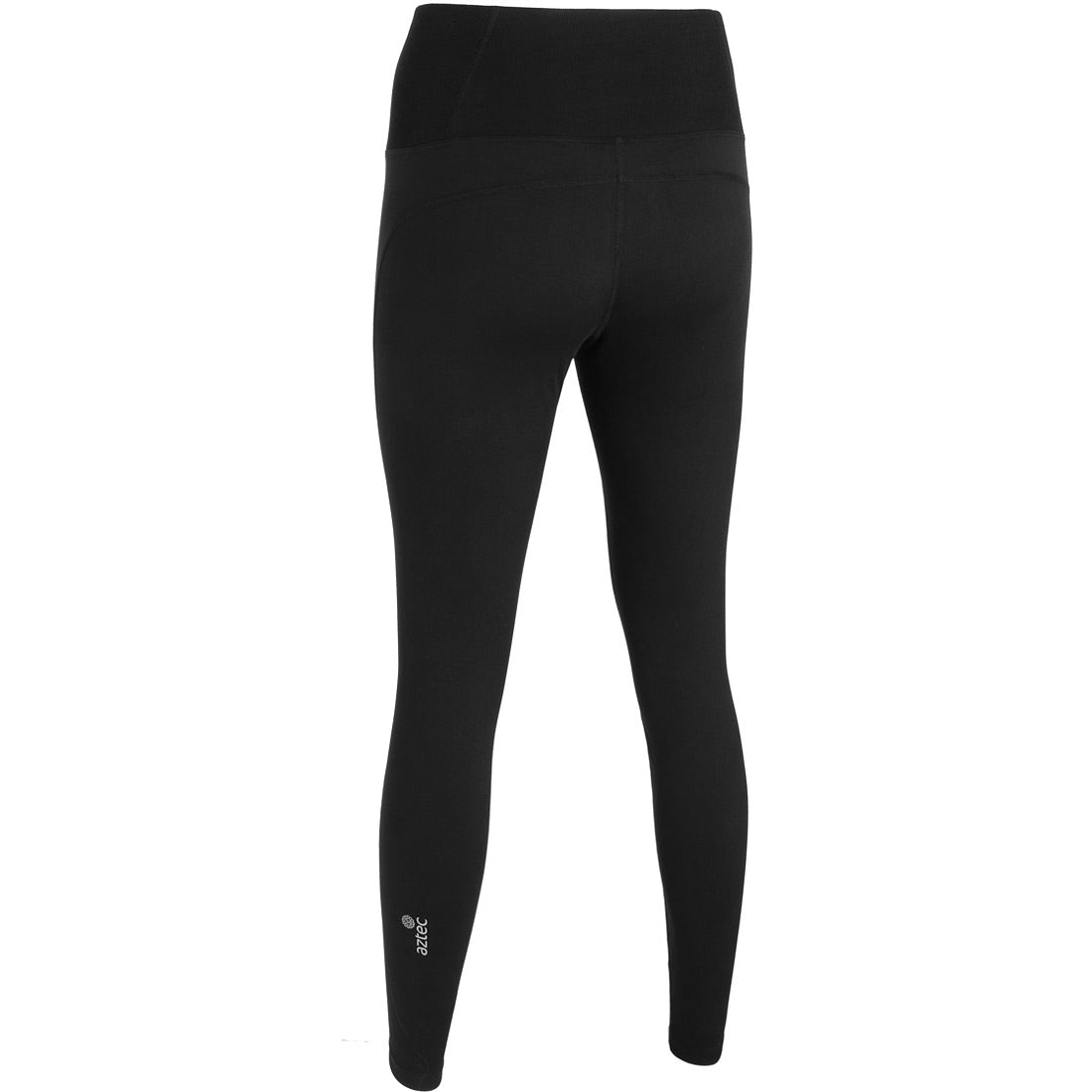 מכנסי Aztec Thermo Pant II 2.0 W בצבע שחור, מוצגים מאחור על רקע לבן. טייץ תרמי זה לנשים, בעל מותן גבוהה, מתאפיין בעיצוב חלק וצמוד עם לוגו קטן בקרסול שמאל — אידיאלי לשילוב בשכבות כמכנסי ספורט חורף.