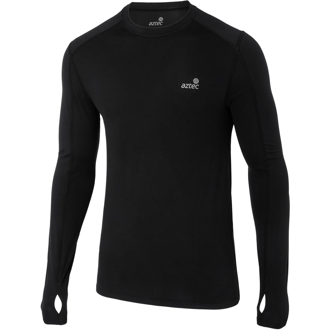 חולצת Aztec Thermo Top II 2.0 M היא חולצת ספורט שחורה עם שרוולים ארוכים, חורים לאגודלים ולוגו Aztec על החזה השמאלי. הגזרה הצמודה שלה שומרת על חום הגוף במהלך האימונים, והיא מוצגת כאן על רקע לבן חלק.