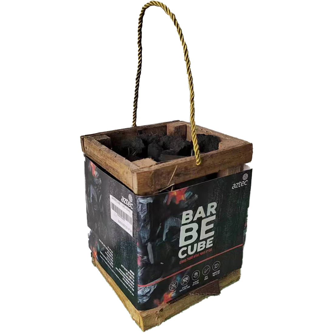ה-Aztec Barbecube 2 ק"ג הוא מיכל עץ מרובע עם ידית חבל, המלא בפחם לברביקיו — אידיאלי לצלייה או לברביקיו.