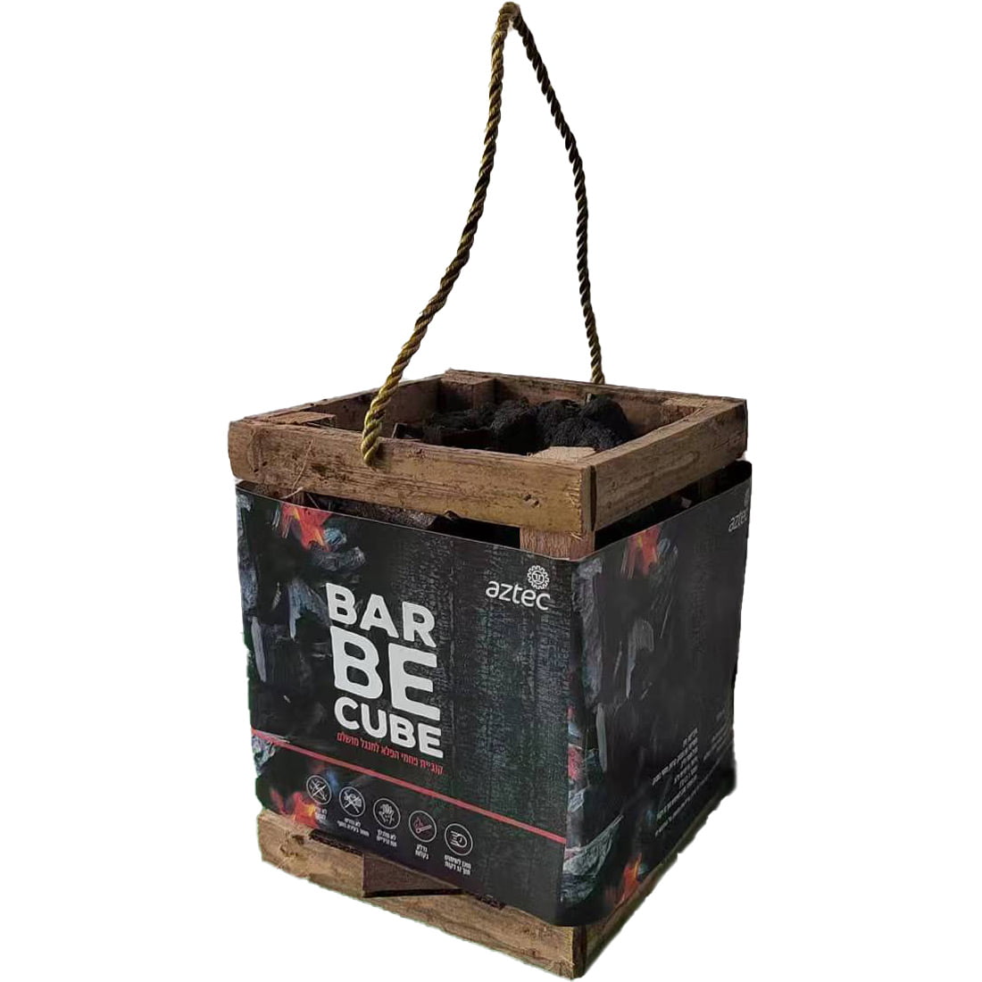 ה-Aztec Barbecube 2 ק"ג הוא מיכל עץ בצורת קוביה עם ידית חבל, המכיל 2 ק"ג פחם לברביקיו, המיועד לשימוש כגריל נייד או כמנגל.