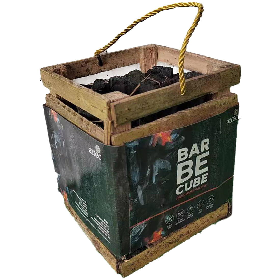 ה-Aztec Barbecube 2 ק"ג, באריזה ירוקה, מגיע בארגז עץ עם ידית חבל, והוא מושלם כגריל ברביקיו קומפקטי או כקמין נייד.