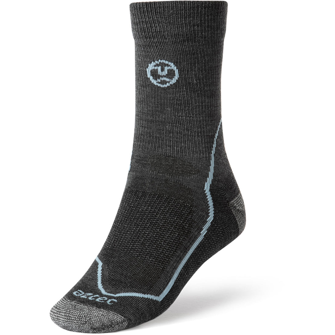 גרבי הטיולים הקצרים "Aztec Merino Light" הם בצבע אפור כהה עם נגיעות של תכלת, דוגמה עדינה ולוגו עגול קטן בחלק העליון. מוצגים על רקע לבן.