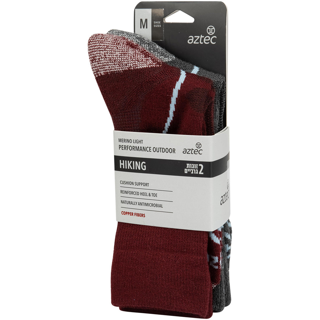 זוג גרבי טיולים קלים מדגם Aztec Merino — אחד אדום עם נגיעות של לבן ואפור, והשני אפור כהה — מגיעים באריזה עם תווית לבנה המדגישה את הריפוד והתמיכה, וכן את סיבי הנחושת בעלי התכונות האנטי-מיקרוביאליות.
