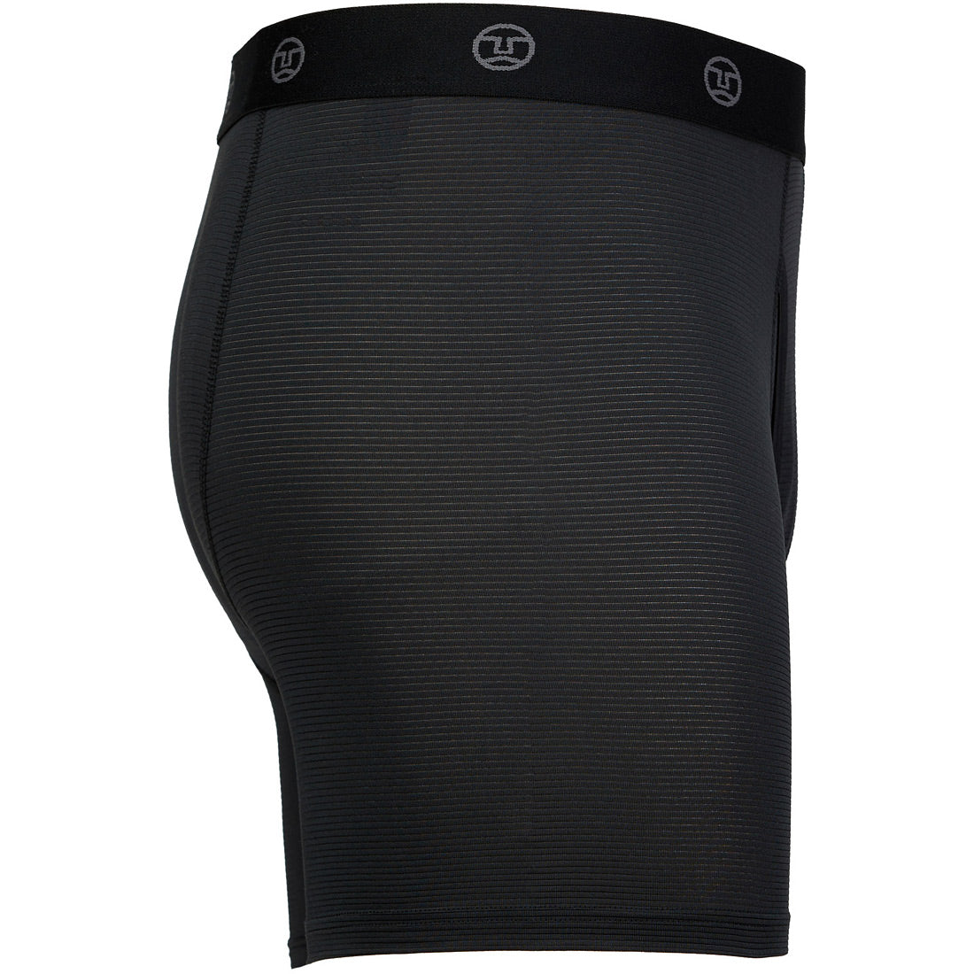 מארז של 2 זוגות תחתוני דחיסה לגברים מסדרת Aztec Wicking Underwear II, הכולל מכנסיים קצרים בצבע שחור עם פסים אופקיים עדינים וחגורה רחבה עם דפוס לוגו מעגלי חוזר. ביצועי נידוף הלחות נראים בזווית צדדית.