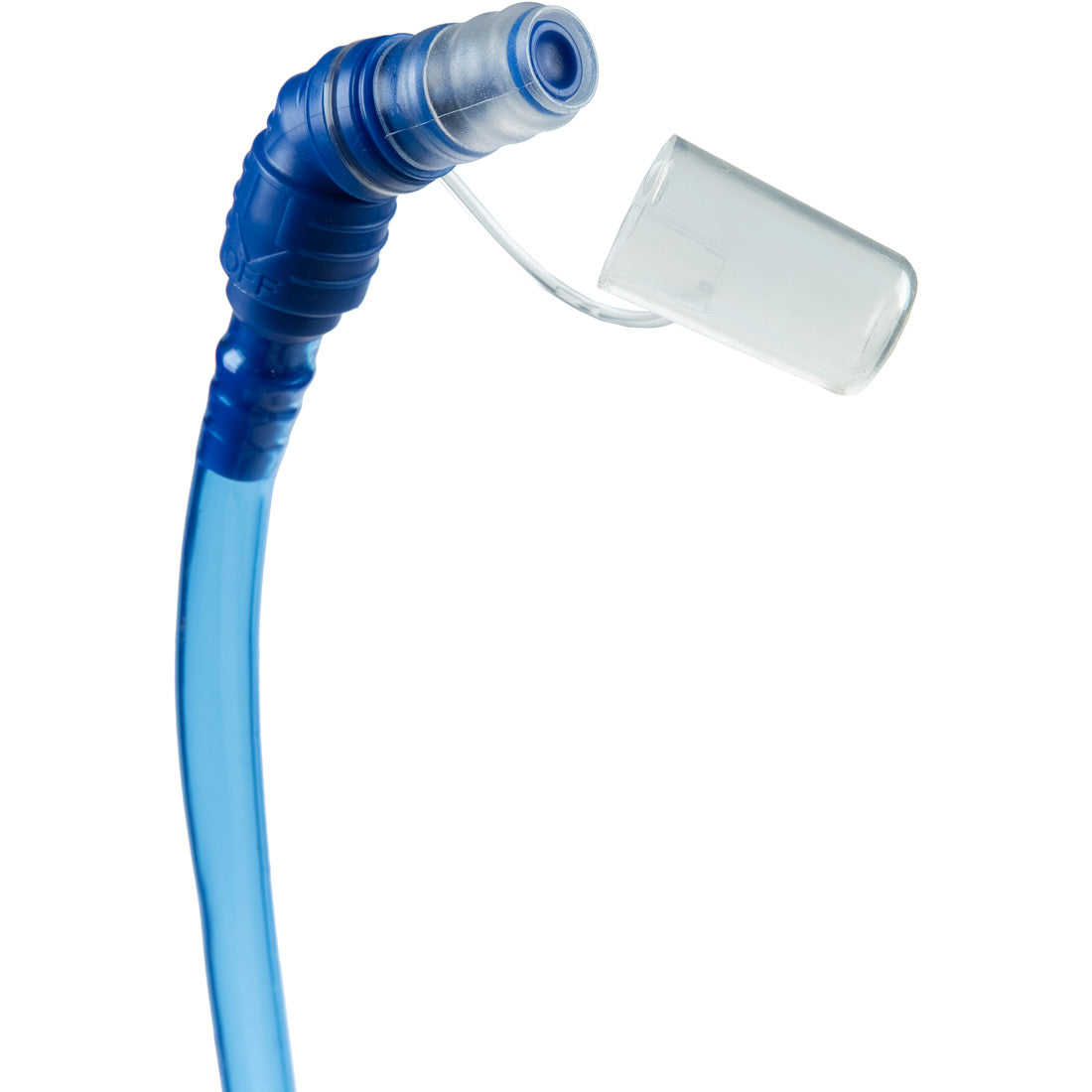 תקריב של צינור השתייה הכחול של ה-Aztec Hydro Pack III בנפח 3 ליטר, עם פייה שקופה וכובע מגן המחובר באמצעות רצועה, שנועד לאפשר שתייה נוחה מהמיכל.