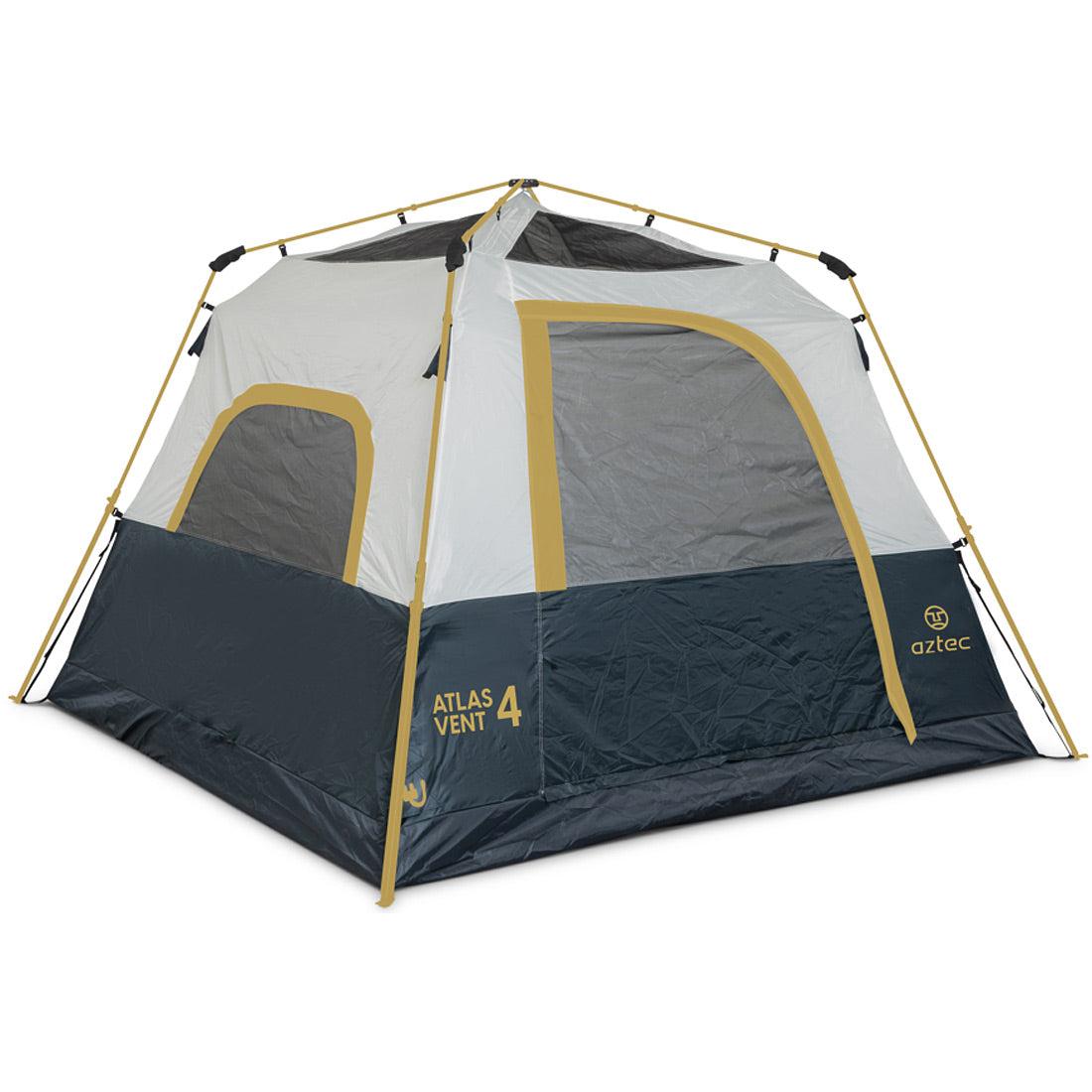 ה-Aztec Atlas Vent 4P הוא אוהל כיפה מרובע המיועד לארבעה אנשים, בצבעים אפור, לבן וצהוב. הוא כולל חלונות רשת גדולים, דלת קדמית עם רוכסן, וכיתוב "Atlas Vent 4" עם לוגו Aztec בצד.
