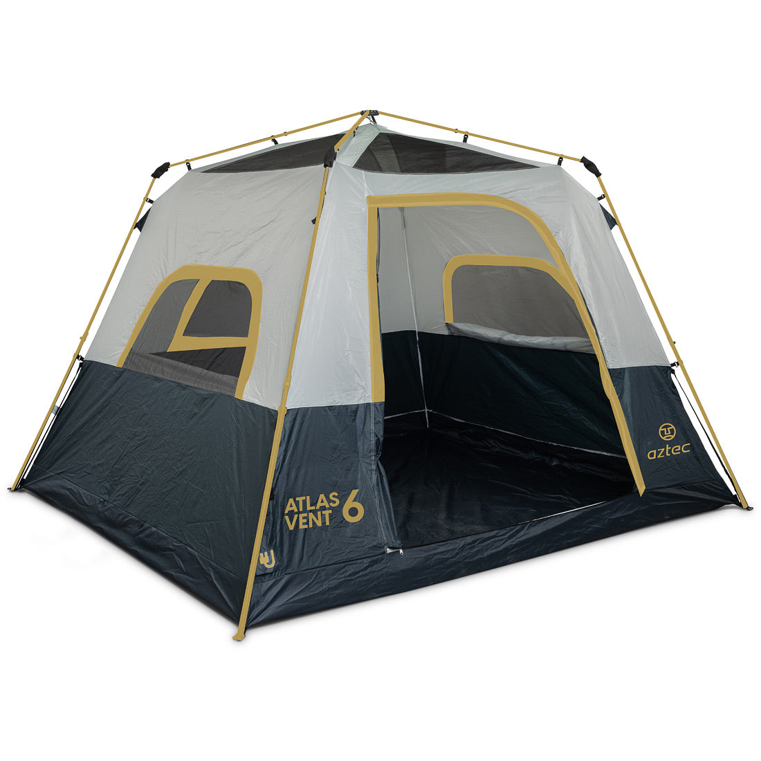 ה-Aztec Atlas Vent 6P הוא אוהל גדול ועצמאי המיועד ל-6 אנשים, עם בסיס בצבעי שחור ואפור, גימור צהוב, חלונות רשת ודלת קדמית פתוחה — אידיאלי לטיול הקמפינג הבא שלכם.