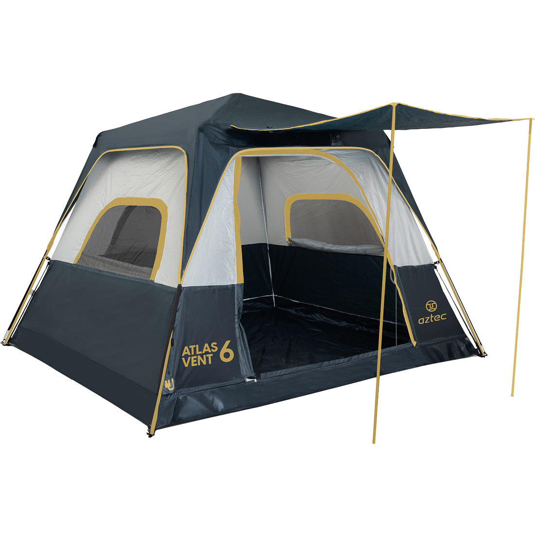 ה-Aztec Atlas Vent 6P הוא אוהל מרווח בצבעי כחול כהה ואפור המיועד ל-6 אנשים, הכולל חלונות רשת, גגון כניסה מורחב הנתמך במוטות, והכיתוב "ATLAS VENT 6P" ו-"Aztec" מודפס על הלוח הקדמי — אידיאלי לטיולי קמפינג.