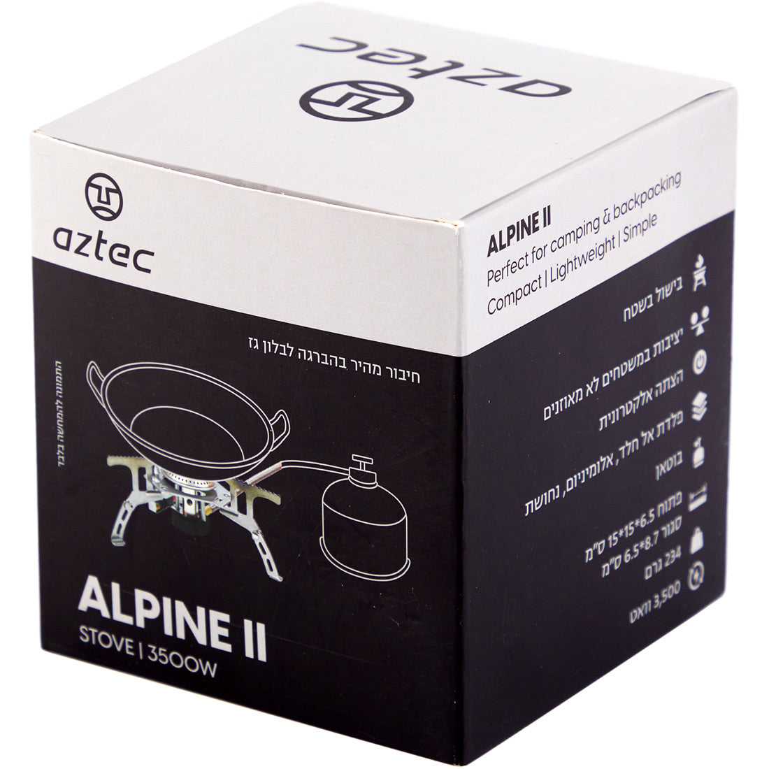 קופסה לתנור Aztec Alpine II, עם איור המציג את התנור מחובר למיכל גז. על האריזה מופיעים טקסטים באנגלית ובעברית המדגישים את יתרונותיו של ציוד הקמפינג והטיולים הקומפקטי הזה.
