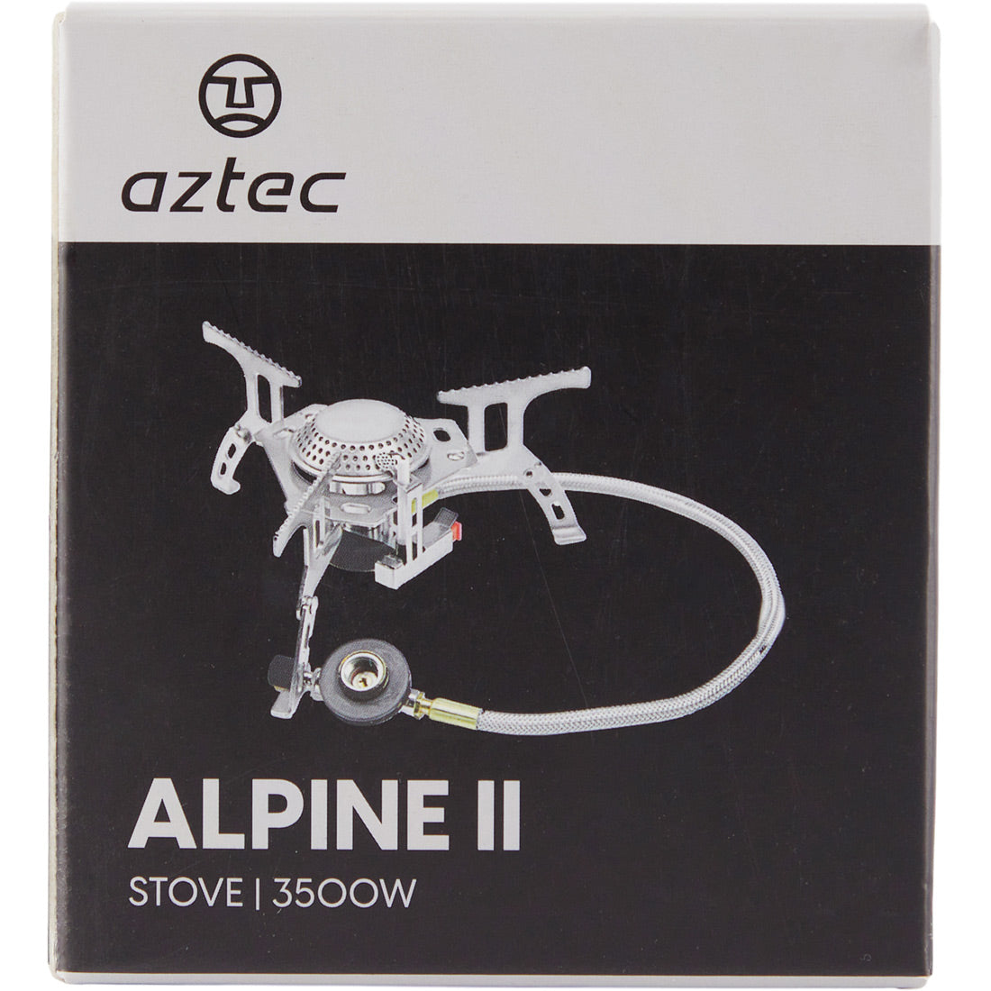 קופסה לתנור Aztec Alpine II, המציגה תמונה של פריט ציוד חיוני זה לטיולים בשטח, עם צינור דלק והכיתוב "ALPINE II STOVE | 3500W" על רקע שחור — מושלמת לשילוב עם מגפי הטיולים שלכם.