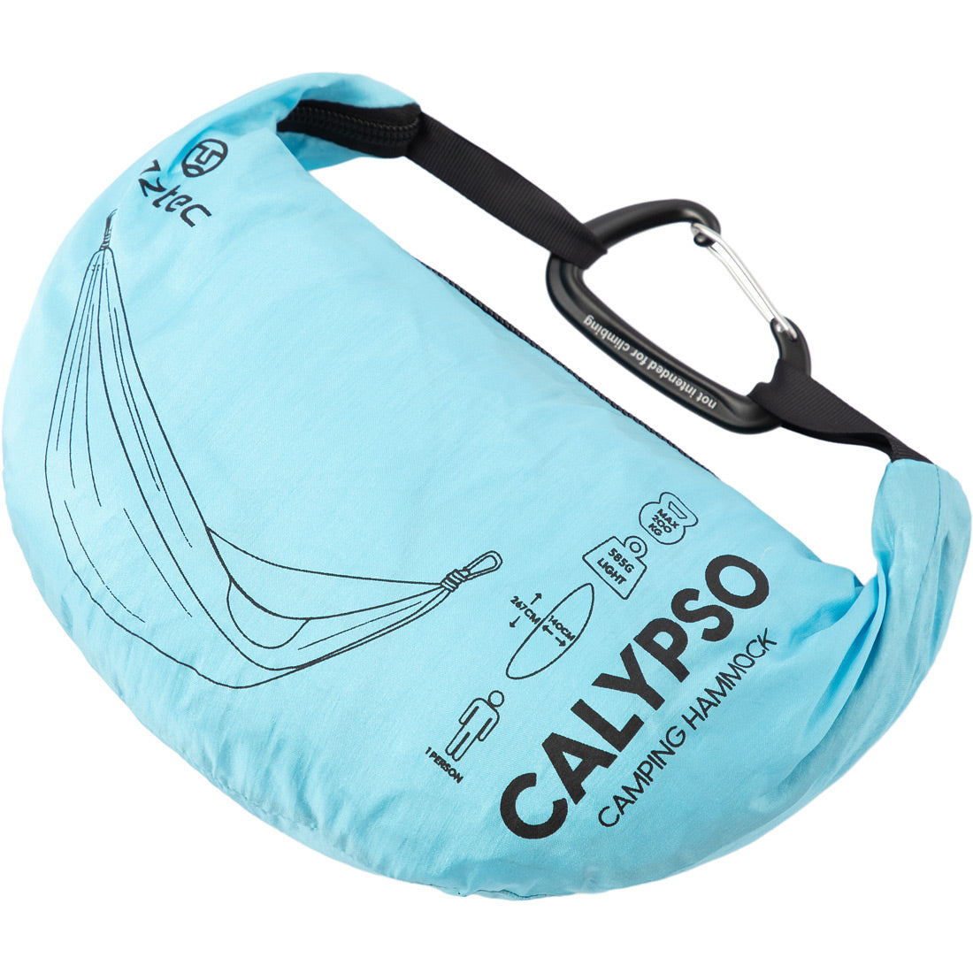 תיק קטן בצבע תכלת של המותג Aztec Calypso, הנושא את הכיתוב "Camping Hammock", עם רצועה שחורה וקרבינר, ועליו הדפס של ציור קווי של ערסל וסמלים המציגים הוראות שימוש.