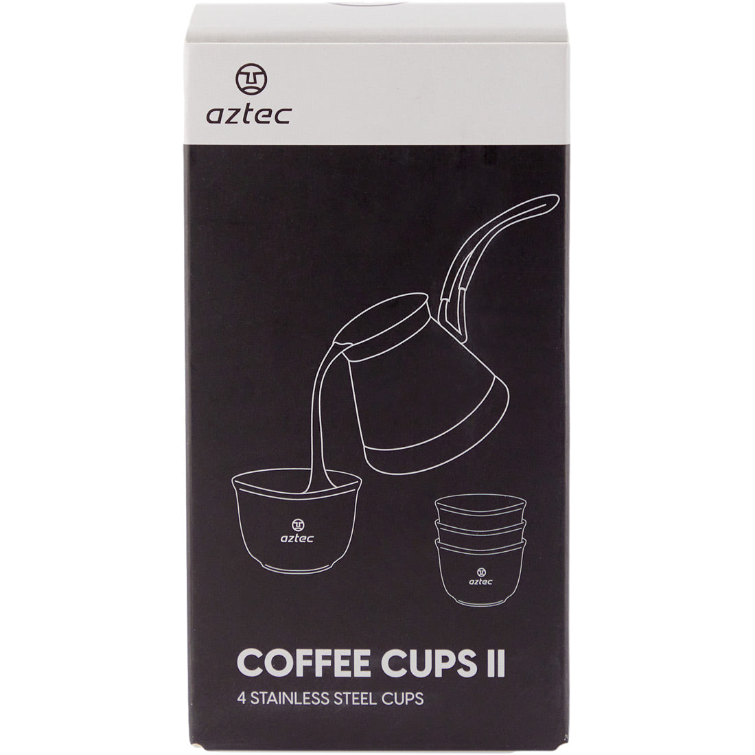 אריזת קופסת קרטון שחורה עבור Aztec Coffee Cup II 120 S/S 4pack, עם קווי מתאר לבנים של קומקום המוזג לתוך כוס ותמונות של כוסות מוערמות מתחת. טקסט: "Aztec Coffee Cup II 120 S/S 4pack כוסות נירוסטה.