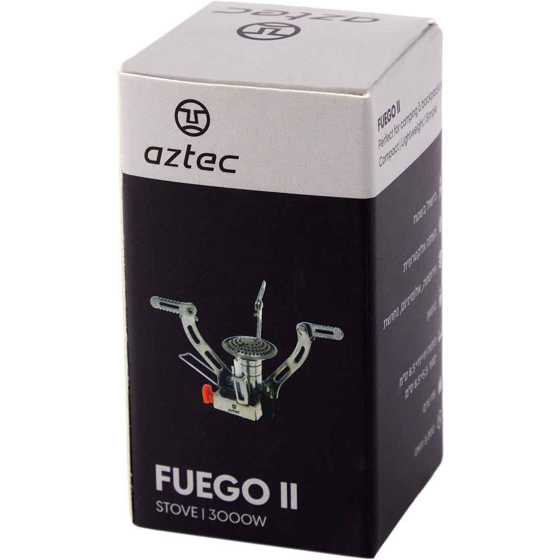 אריזת המוצר של Aztec Fuego II, המציגה תמונה של התנור הנייד וטקסט המדגיש את עוצמתו של 3000 וואט על רקע שחור ואפור אלגנטי.