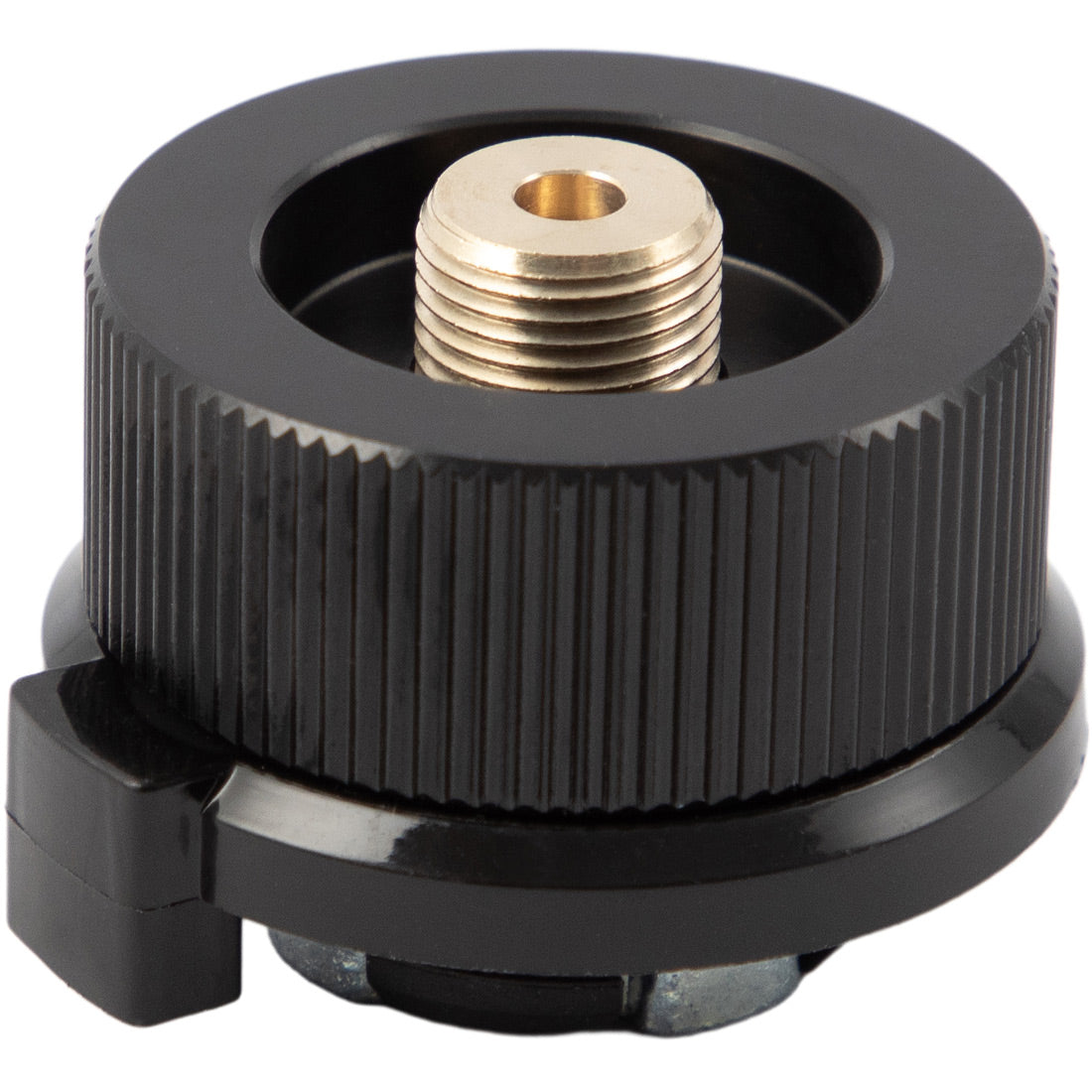 תקריב של מתאם הגז Aztec Gas Adaptor II מציג את גופו המתכתי השחור והעגול, עם קצה מחורץ ותוספת פליז מרכזית עם הברגה, המיועד לחיבור מצלמה או ציוד חצובה.