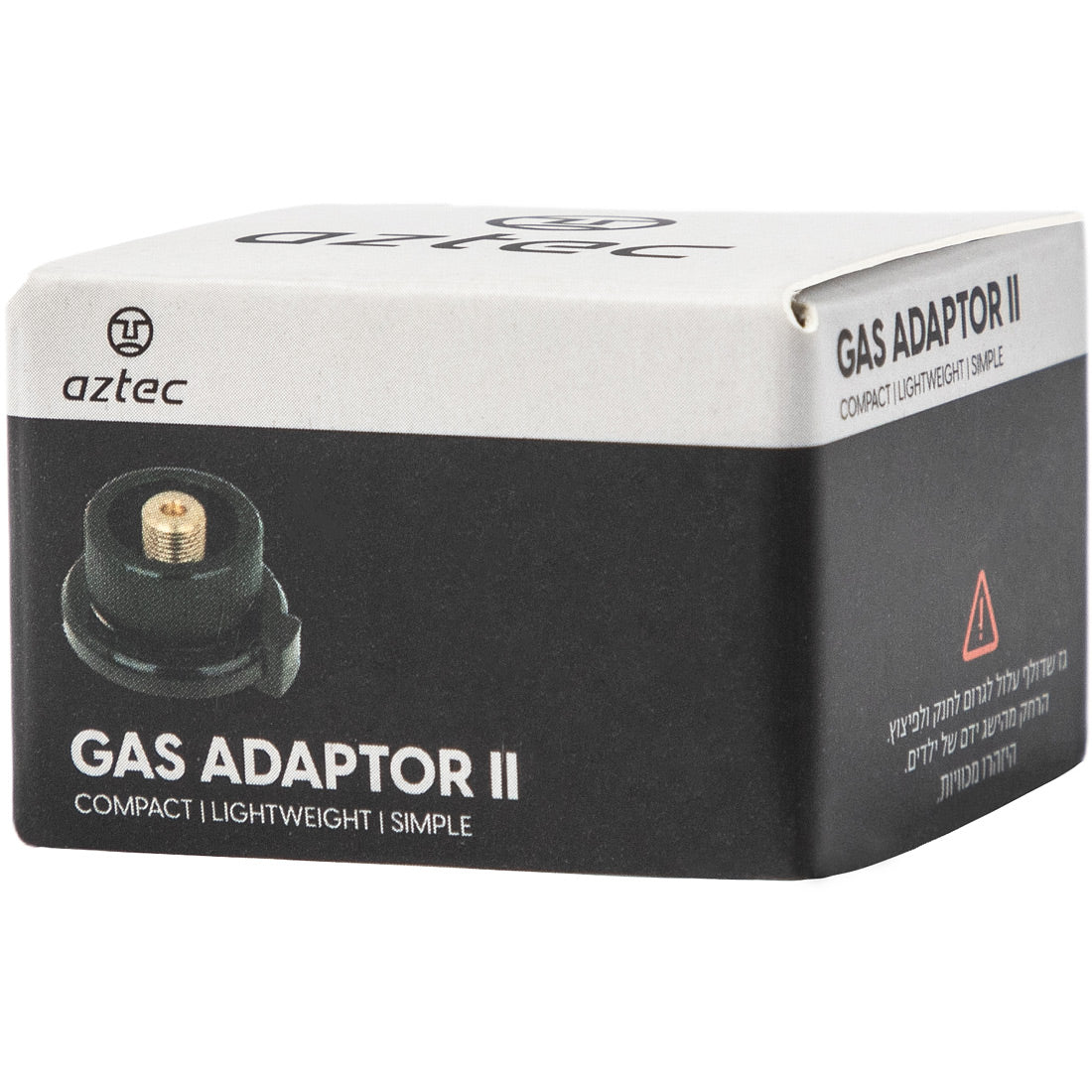על אריזה של חברת Aztec הנושאת את הכיתוב "Gas Adaptor II" מופיעה תמונה של המתאם, תיאורים כגון "קומפקטי" ו"קל משקל", טקסט בעברית וסמל אזהרה.