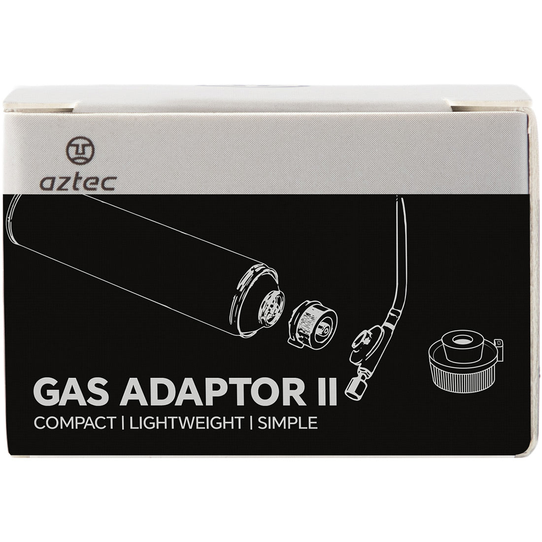 על קופסה מלבנית שעליה הכיתוב "Aztec Gas Adaptor II" מופיעים איורים של המתאם, הצינור והמחבר. הכיתוב אומר: קומפקטי | קל משקל | פשוט. לוגו Aztec מופיע בפינה השמאלית העליונה.