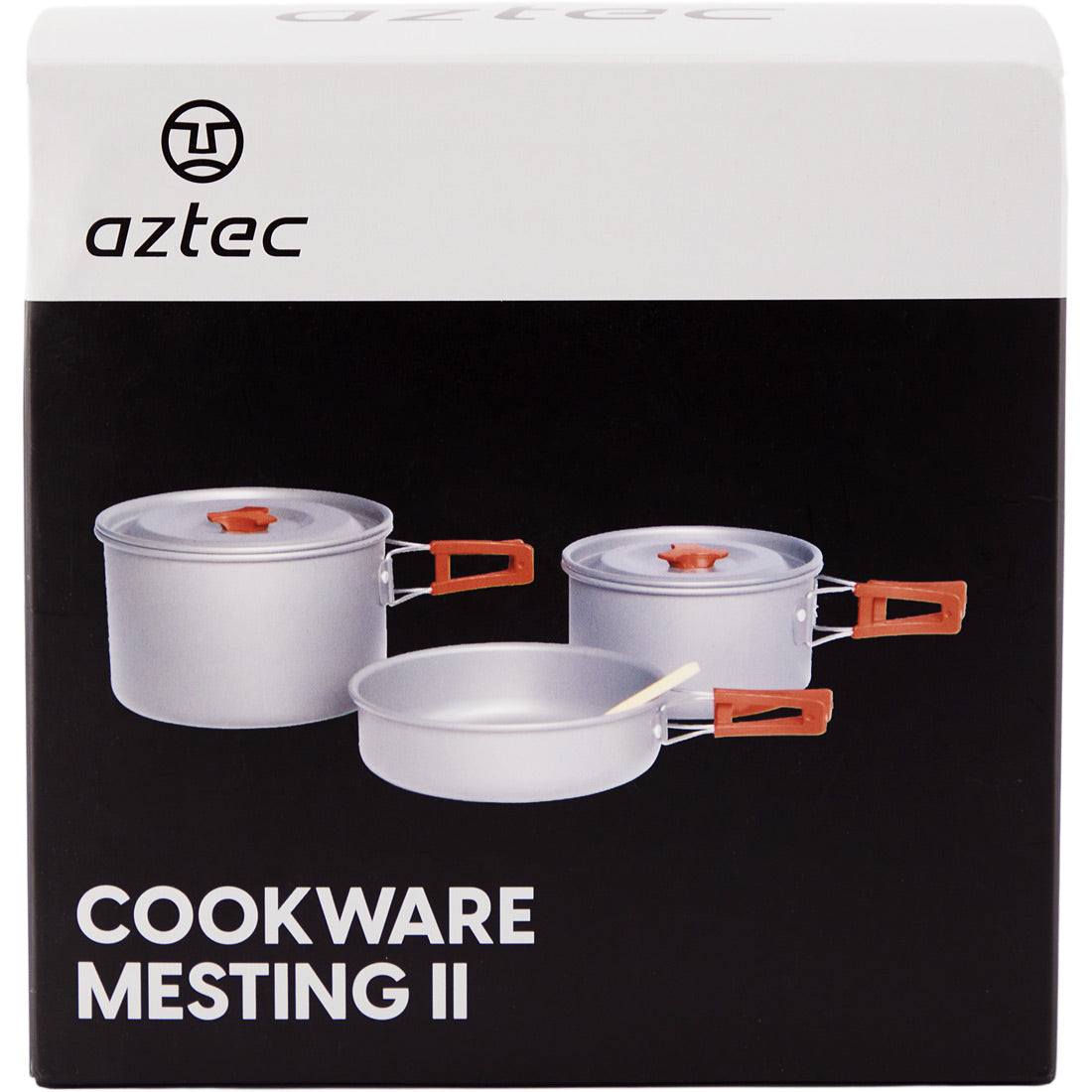 קופסה המכילה שלושה פריטי כסף מסדרת "Mesting Cookware II" של Aztec, עם ידיות כתומות — שני סירים עם מכסה ומחבת עם מרית. סט עמיד לשימוש בחוץ, ששם המותג ושם המוצר מודגשים על גבי האריזה.