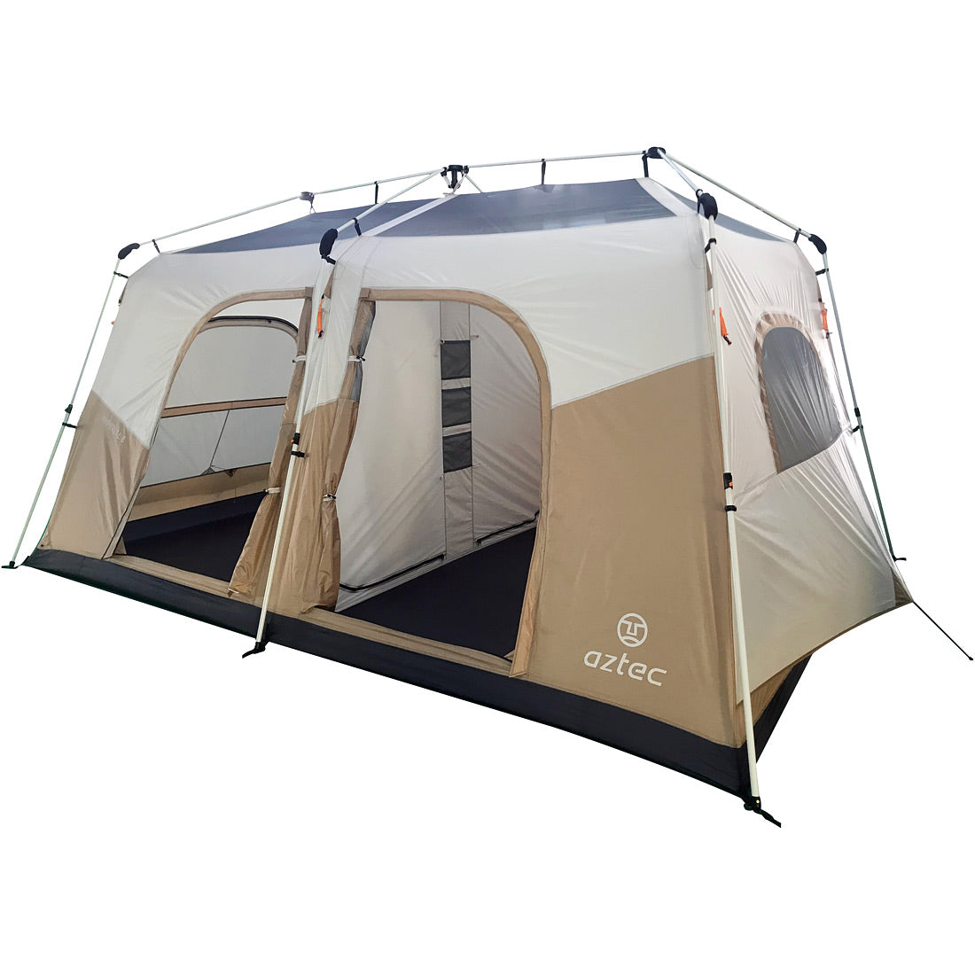 אוהל הקמפינג Aztec Imperial Vent 8P הוא אוהל גדול בצבעי בז' ולבן, הכולל שתי כניסות, חלונות אוורור מרשת ומסגרת יציבה. לוגו המותג Aztec מופיע על הפאנל הימני התחתון.