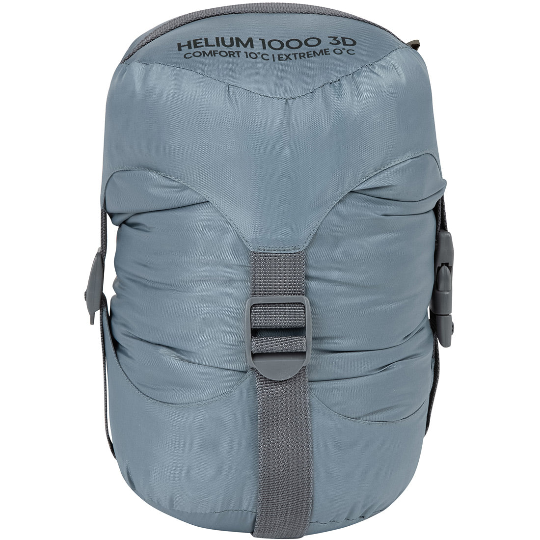 שק שינה תלת-ממדי Aztec Helium II 1000 בצבע אפור, עם הכיתוב "10°C Comfort | 0°C Extreme", ארוז היטב ומאובטח באמצעות רצועות דחיסה מתכווננות ואבזמים.
