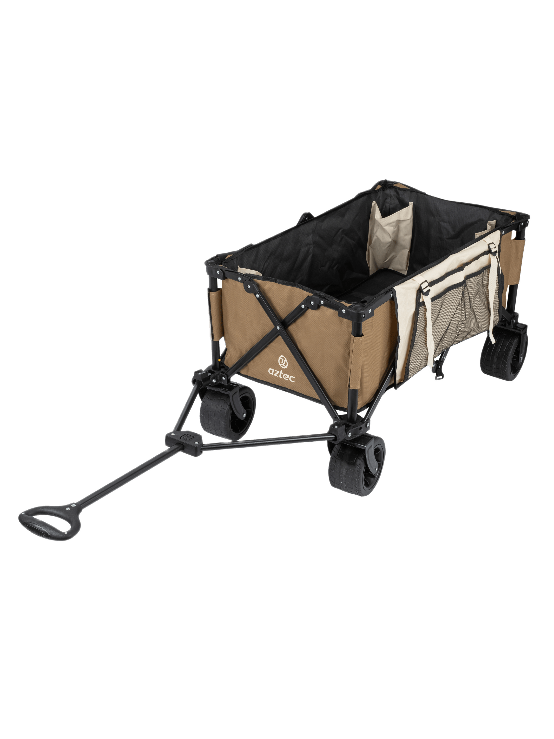 עגלת "Aztec Imperial Cart" היא עגלת שירות מתקפלת בצבעים חום ושחור, המצוידת בגלגלים גדולים, כיסים צדדיים, תא אחסון מרשת וידית משיכה ארוכה — אידיאלית לנשיאת פריטים כגון ציוד לקנאביס או מחסניות לאדיפות, הן בחוץ והן באירועים.