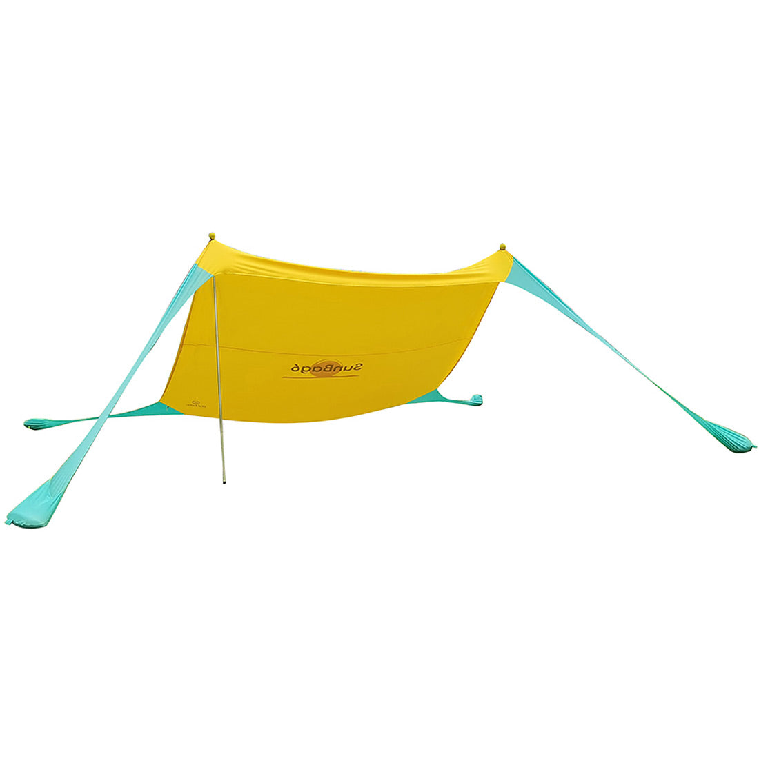 ה-Aztec Sunbag6 הוא אוהל צל חיצוני בצבעי צהוב וכחול-ירוק, הכולל ארבע נקודות עיגון, שני מוטות עומדים ובד מתוח ליצירת צל, המוצג על רקע לבן.