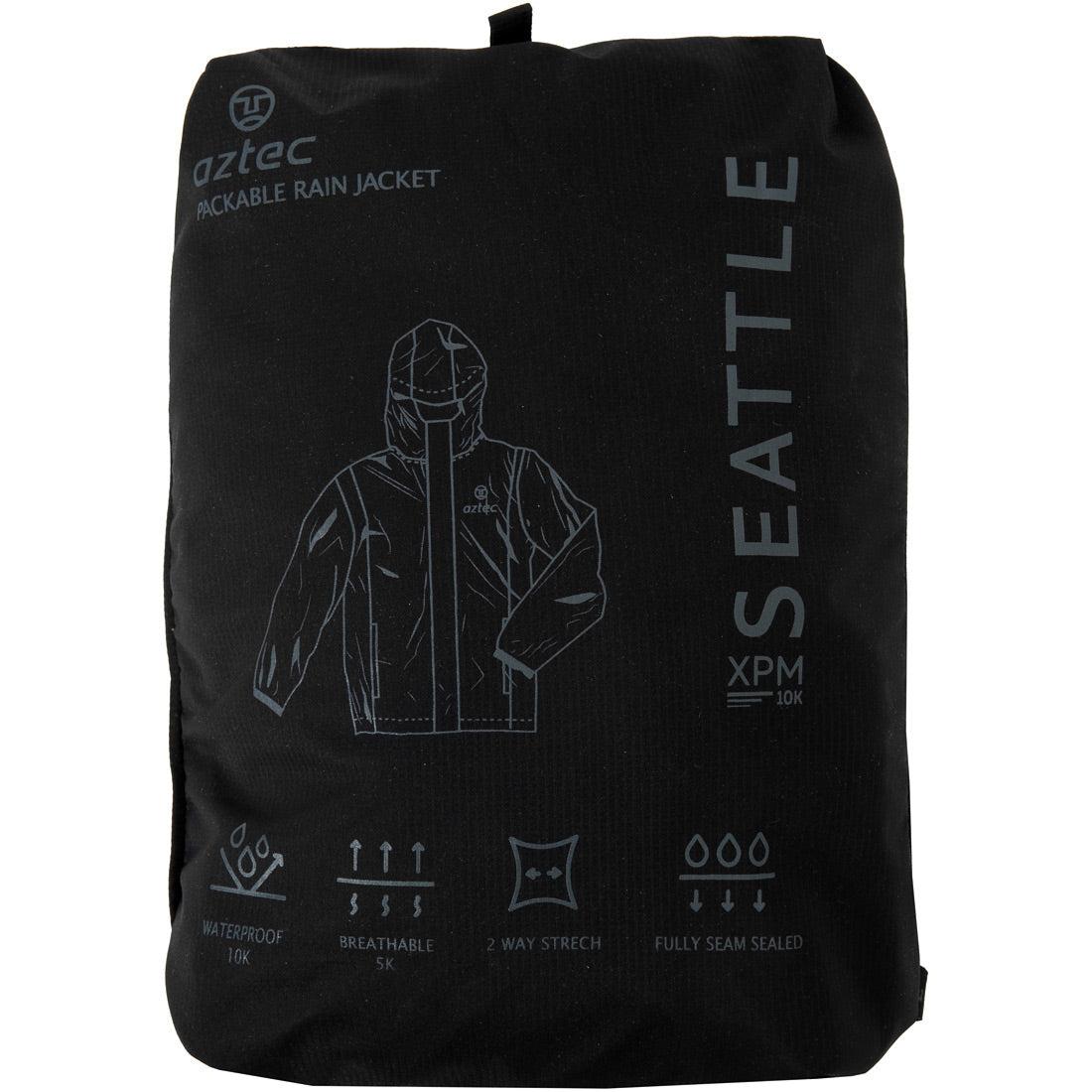 מעיל הגשם Aztec Seattle (יוניסקס) מגיע בצבע שחור עם הדפסים לבנים. הוא עמיד למים (10K), נושם (5K), כולל בד נמתח לשני הכיוונים, תפרים אטומים לחלוטין, והכיתוב SEATTLE מודפס עליו אנכית.