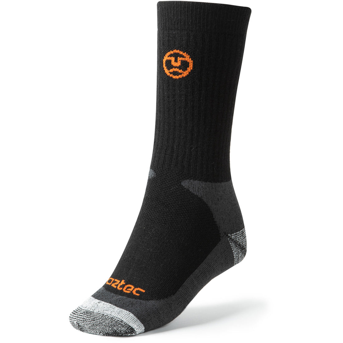 גרבי הטרקים Aztec Merino Mid II מבית Aztec הם גרביים ספורטיביים בצבעי שחור ואפור, עם לוגו כתום בחלק העליון והכיתוב "Ariat" בכתום על קצה הבוהן, וכן חיזוק בעקב ובקצה הבוהן להבטחת עמידות — אידיאליים לנעלי טיולים.