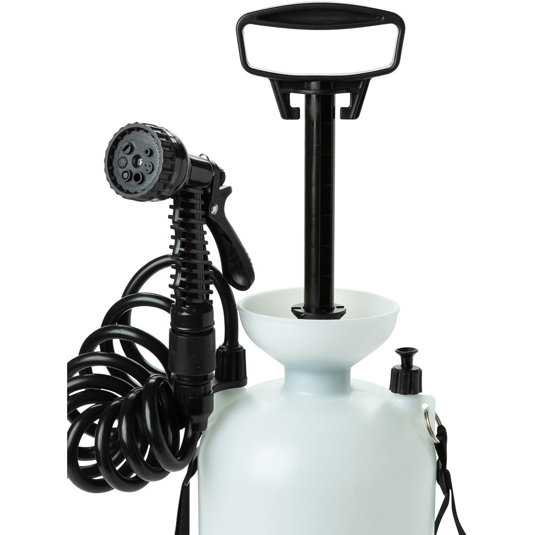 ה-Aztec Nimbus Rain Maker 8L כולל גוף פלסטיק לבן, ידית שחורה, צינור סליל ופיית ריסוס בעלת מספר מצבים — מה שהופך אותו למושלם להשקיית הגינה או לריסוס חומרי הדברה בקלות.