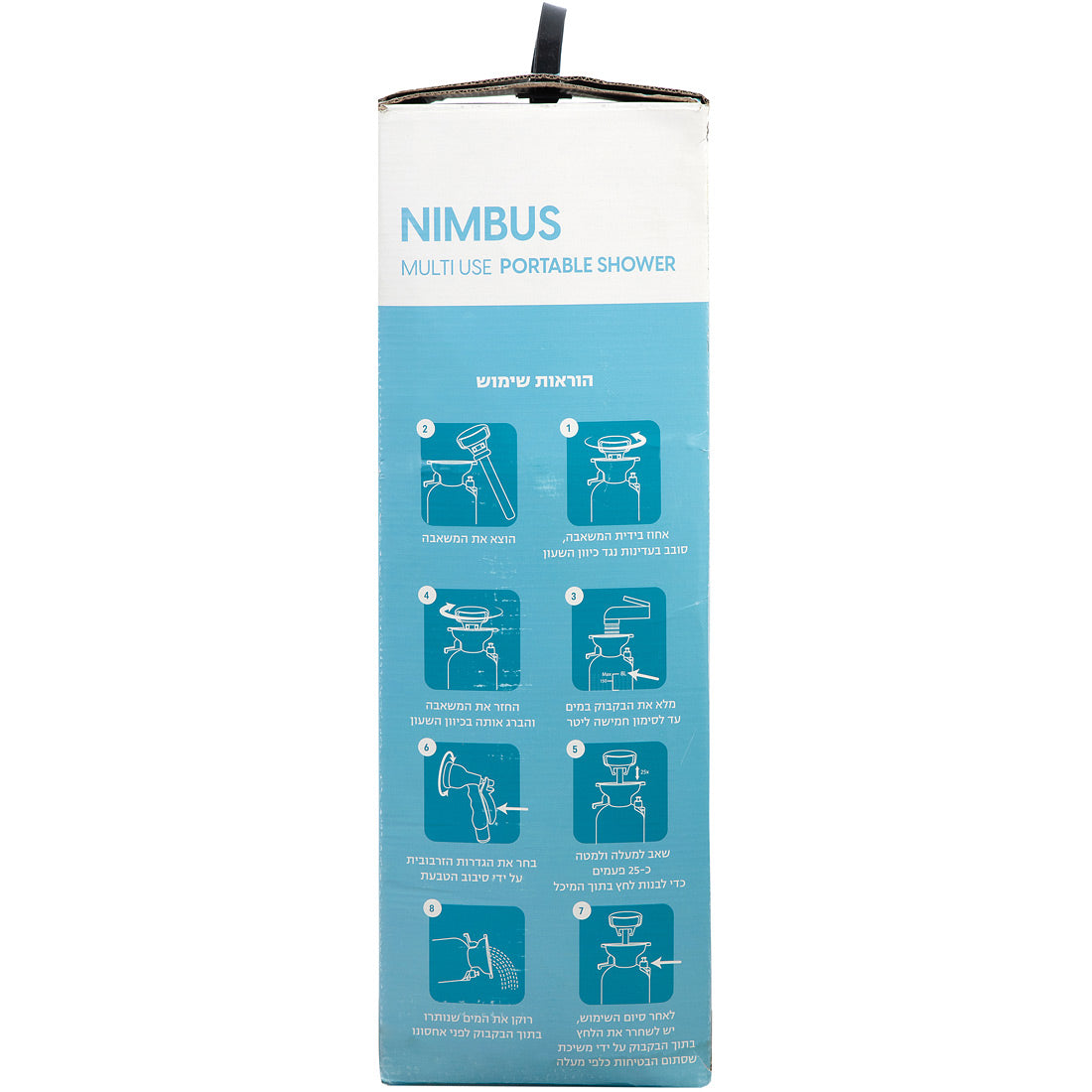 קופסת מוצר גבוהה עבור ה-Aztec Nimbus Rain Maker 8L, הכוללת שש הוראות מפורטות ומאוירות בעברית על רקע כחול-לבן. בחלק העליון נראים רצועת נשיאה שחורה ותכונת יצירת הגשם.