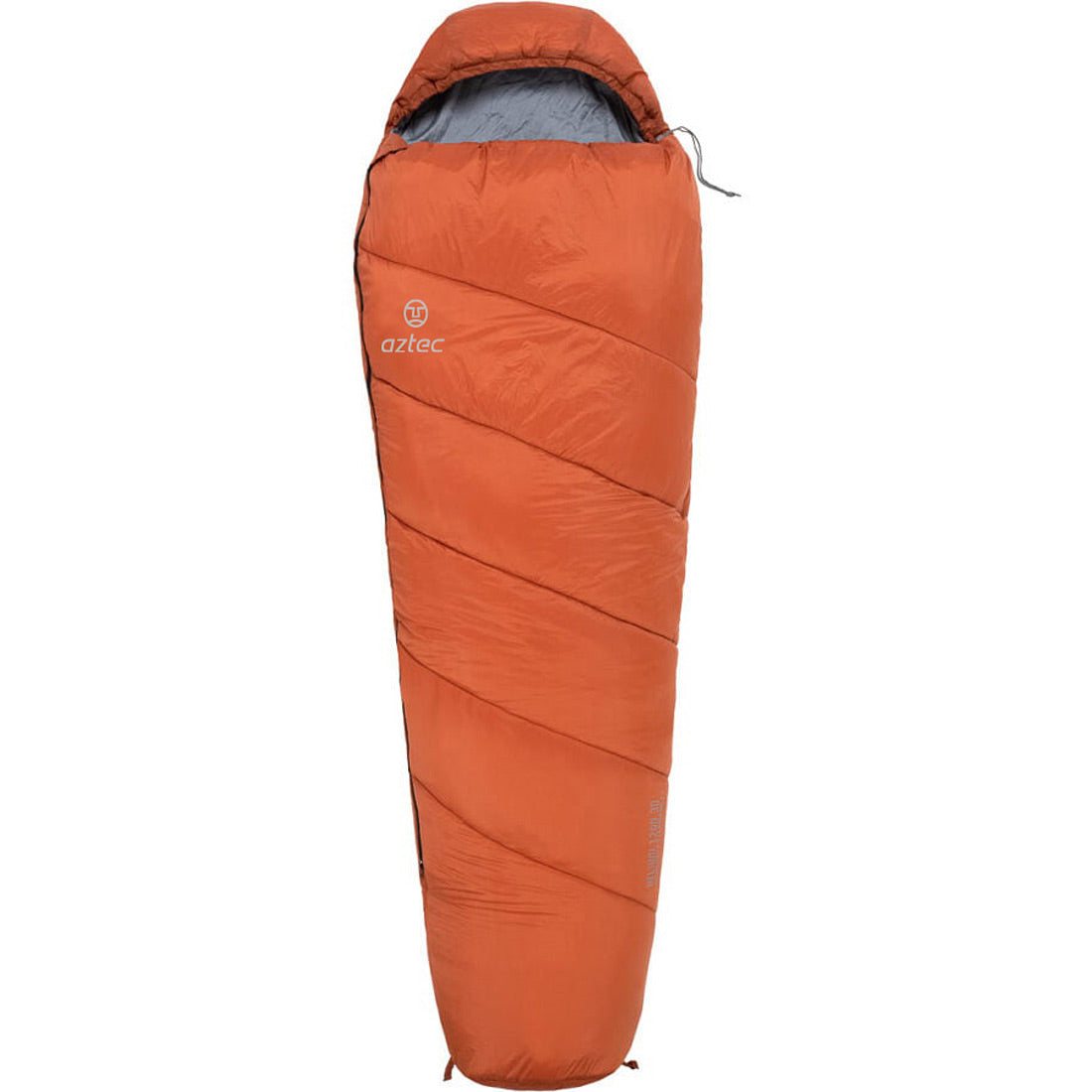 שק שינה תלת-ממדי מסוג "מומיה" מדגם Aztec Helium II 1200 בצבע כתום, עם ברדס, רוכסן מלא ולוגו Aztec בחזית, מוצג על רקע לבן.