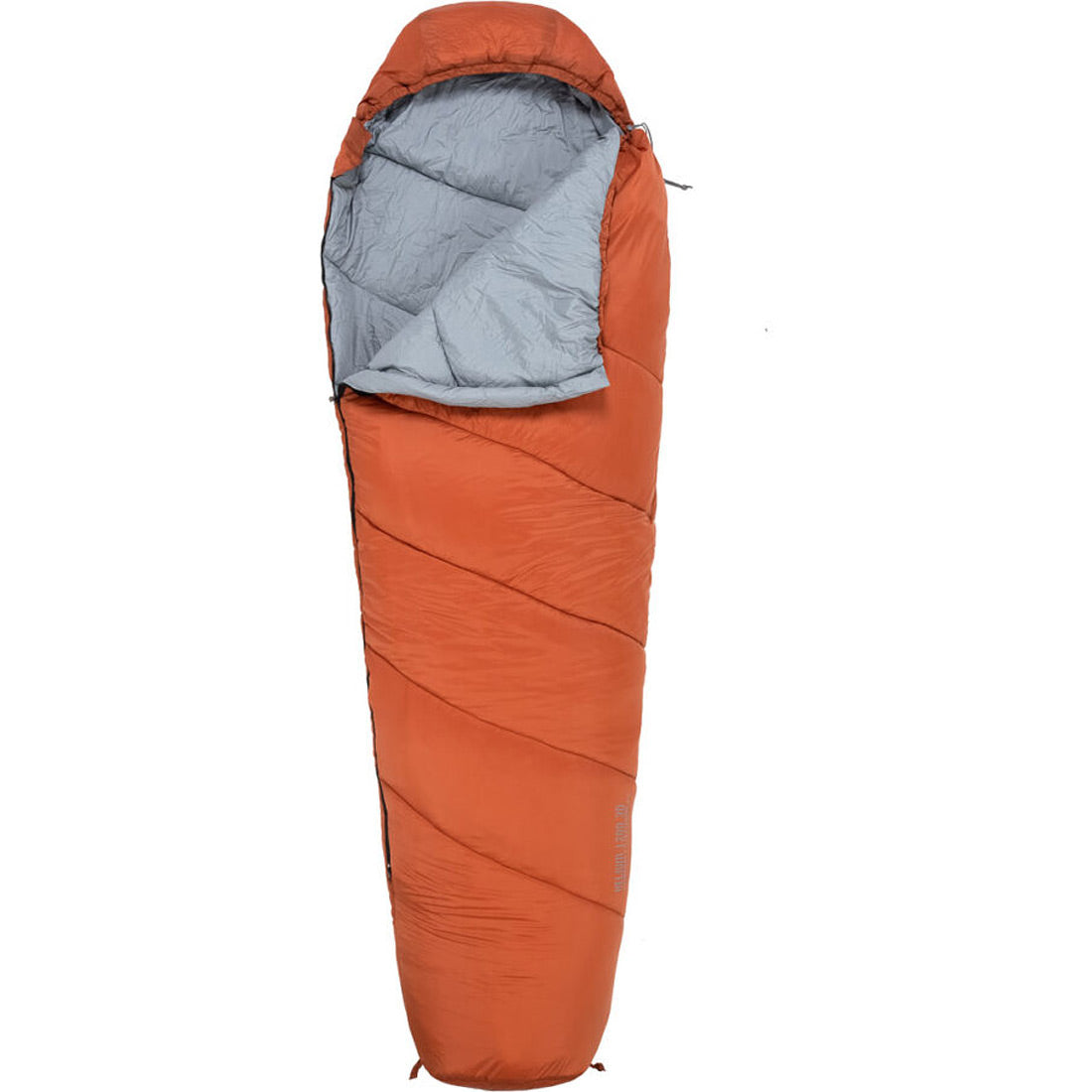 שק השינה Aztec Helium II 1200 3D הוא שק שינה מסוג "מומיה" בצבע כתום שרוף, עם בטנה בצבע אפור בהיר, חלק עליון עם ברדס לשמירה על החום ועיצוב מתחדד בקצה הרגליים. בתמונה הוא מוצג כשהרוכסן פתוח חלקית כדי להציג את פנים השק.