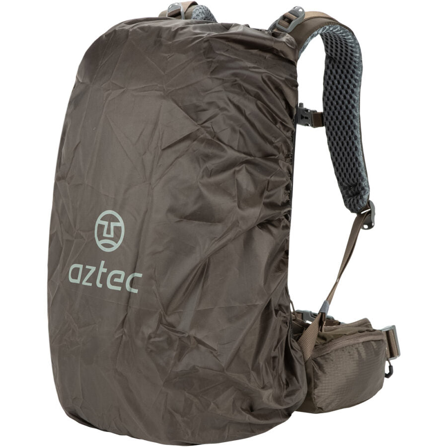 תיק הגב Aztec Aruba 35L בצבע חום כולל כיסוי גשם עם לוגו Aztec, רצועות כתפיים מרופדות וחגורת מותניים — אידיאלי לטיולים רגליים או להרפתקאות בטבע.