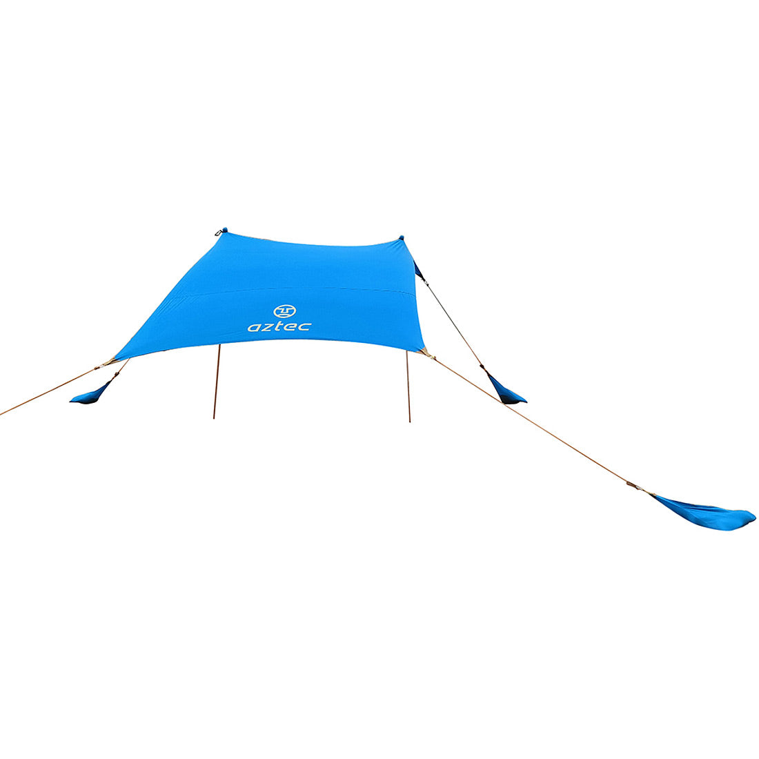 על רקע לבן מוצג סככת שמש לחוף מסוג Aztec Cabana II 4 בצבע כחול, הכוללת שני עמודי תמיכה מרכזיים ושקיות עיגון פינתיות מורחבות.