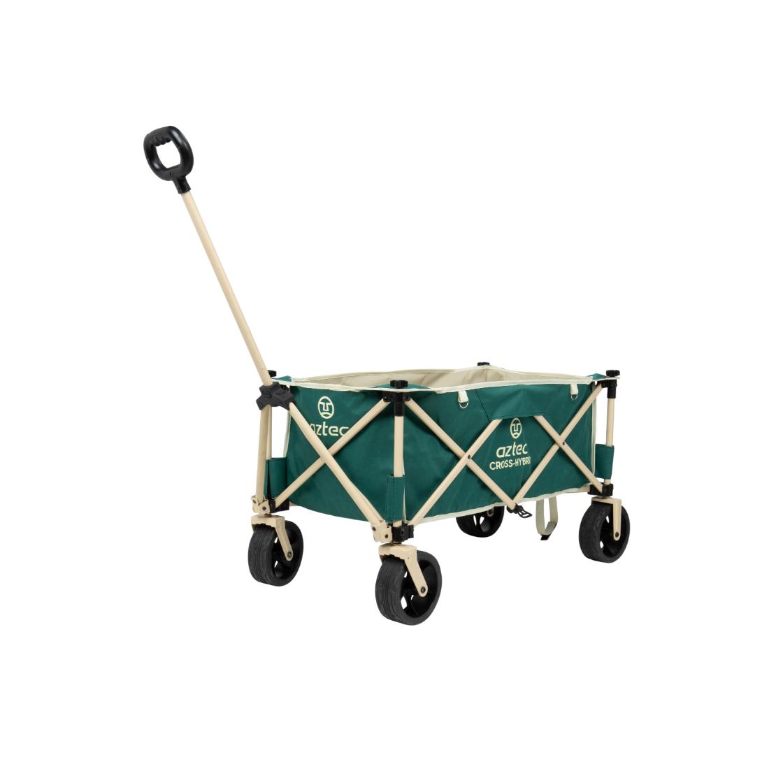 ה-Aztec Cross Hybrid הוא עגלת שירות ירוקה מתקפלת עם שלדת מתכת בצבע בז', ידית שחורה, ארבעה גלגלים שחורים ולוגו המותג Aztec בצבע לבן בצד, בהשראת אופני קרוס-היברידיים.