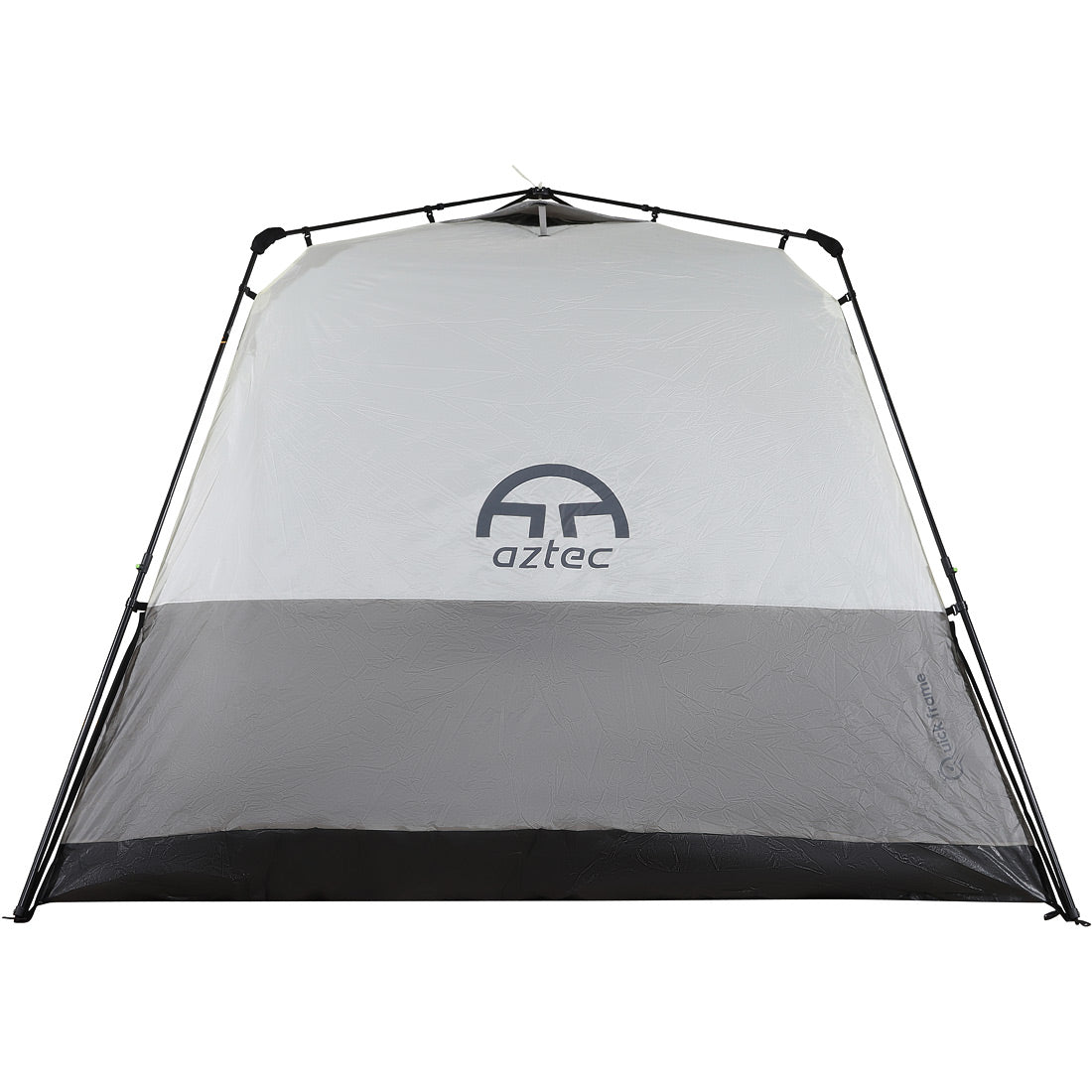 מבט מלפנים על אוהל החוץ Aztec Zeus 6P בצבעים אפור ולבן עם בסיס שחור, שעליו מוטבע לוגו Aztec במרכזו והוא נתמך על ידי מסגרת מוטות שחורה.