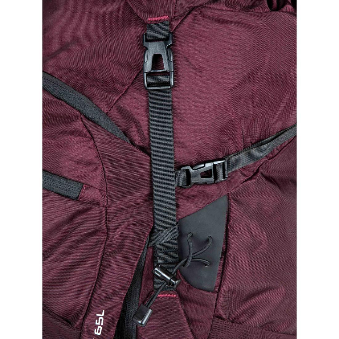 תקריב של תרמיל Aztec Salkantay 65 בצבע בורדו (65 ליטר) עם רצועות שחורות מתכווננות, אבזמים, טלאי שחור קטן עם שרוך וכיתוב בולט "65L" — אידיאלי לטיולי הליכה.
