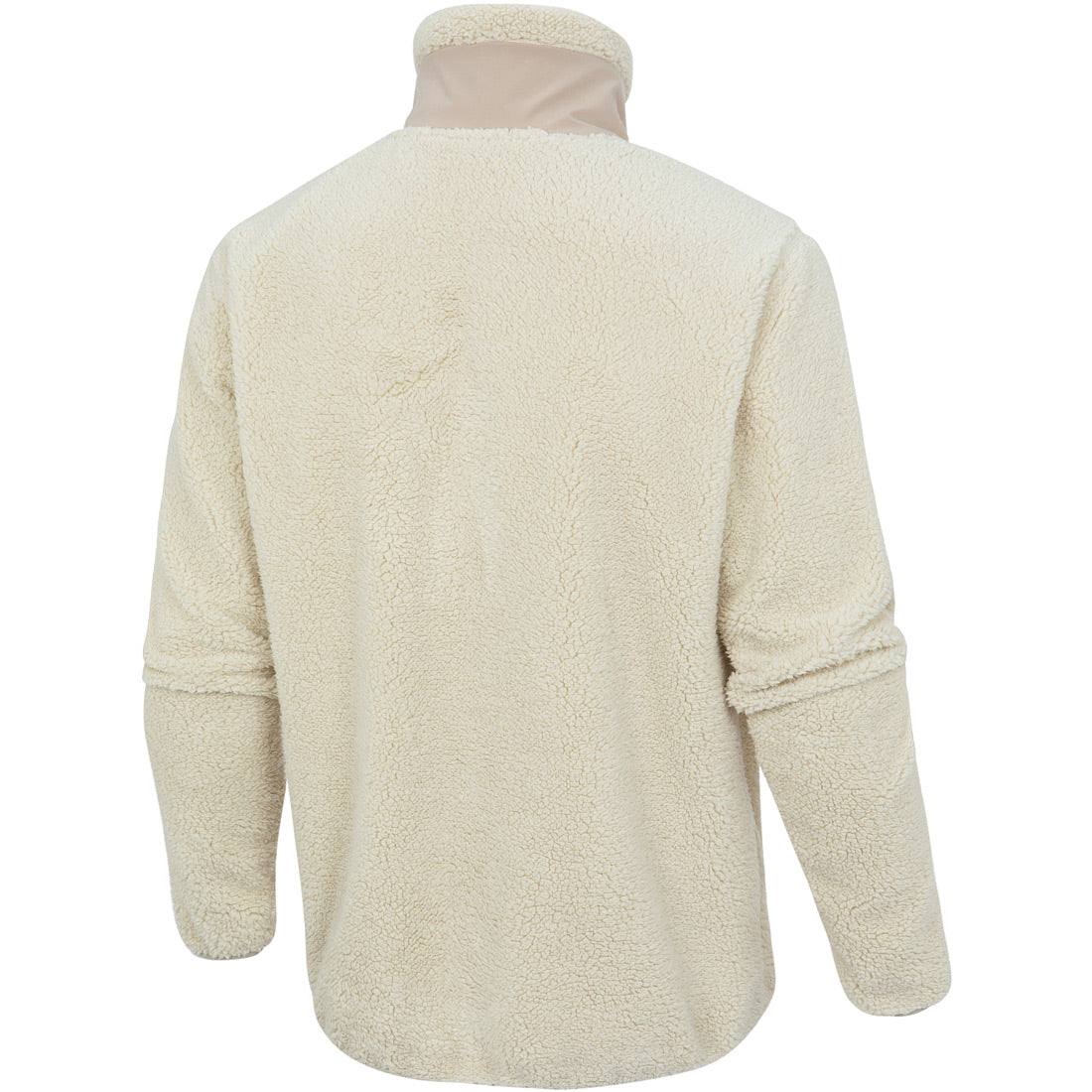 מבט מאחור על חולצת ה-Aztec Blizzard Sherpa Full Zip בצבע שמנת, עם שרוולים ארוכים, צווארון גבוה וגזרה רפויה. הפליס הרך והמרקם מעניק תחושה נעימה, ללא לוגואים או עיצובים נראים לעין.