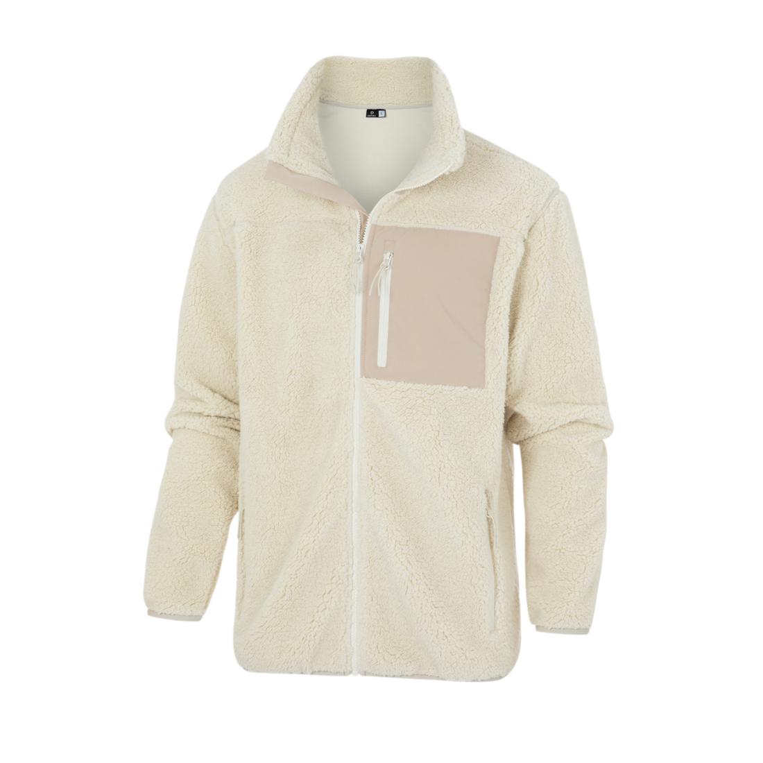 מעיל ה-Aztec Blizzard Sherpa Full Zip Flag הוא מעיל פליס בצבע בז' בהיר, הכולל צווארון עומד, שרוולים ארוכים, רוכסן קדמי וכיס חזה עם רוכסן בצבע בז' בהיר מנוגד.