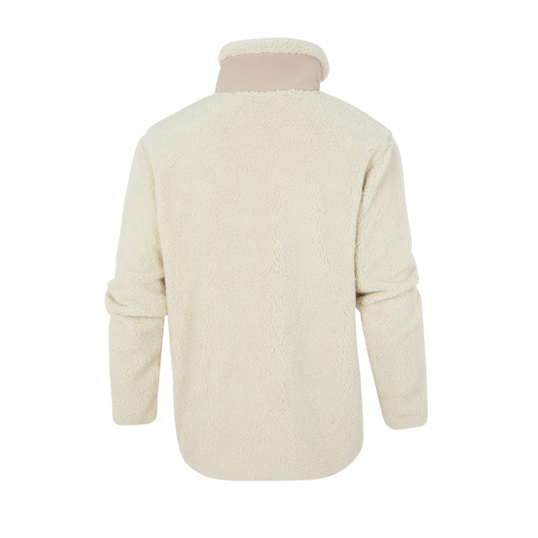 מבט מאחור על מעיל Aztec Blizzard Sherpa Full Zip Flag בצבע שמנת עם צווארון בז', המוצג על רקע לבן. ניתן לראות את מרקם הפליס הרך והנעים.