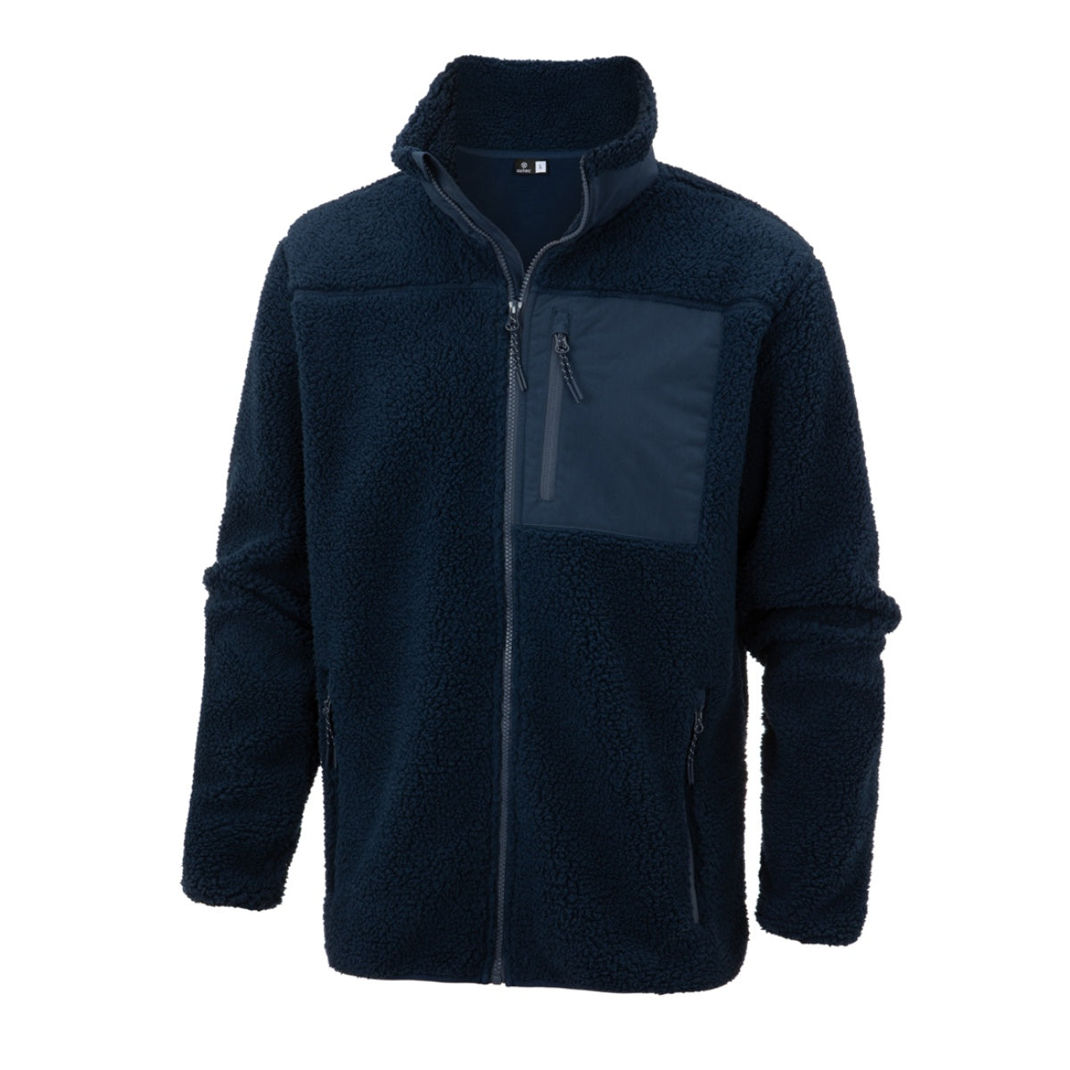 מעיל פליס Aztec Blizzard Sherpa בצבע כחול כהה, עם רוכסן מלא, דגל, צווארון עומד וכיס חזה עם רוכסן.