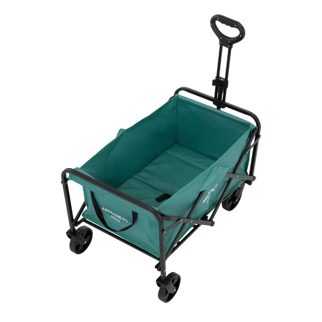עגלת ה-Click Cart של Aztec Armadillo היא עגלת שירות מתקפלת בצבע ירוק, עם שלדת מתכת שחורה, ארבעה גלגלים וידית משיכה מתכווננת, המתאפיינת בעיצוב ה-ARMADILLO CLICK החזק, המאפשר הרכבה קלה ואחסון קומפקטי.