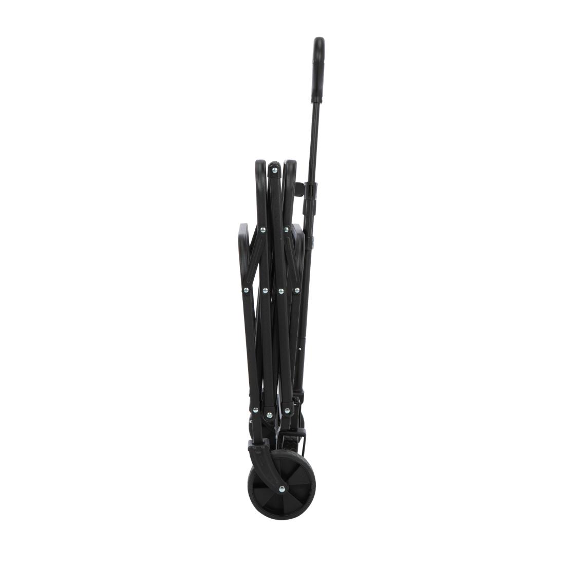 עגלת ה-Click Cart של Aztec Armadilo מוצגת בתמונה בצבע שחור, במצב מקופל לחלוטין ובמצב זקוף, כששני הגלגלים נראים והידית מורחבת בחלק העליון.