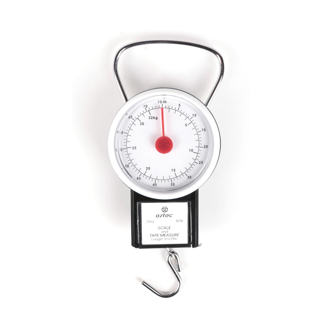 מאזני המזוודות Aztec Luggage Scale מבית Aztec הם מאזניים אנלוגיים עגולים עם ידית מתכת עליונה, חוגה לבנה המציגה את המשקל בק"ג ובליברות, וו תחתון לתליית פריטים. המחט מכוונת לאפס.