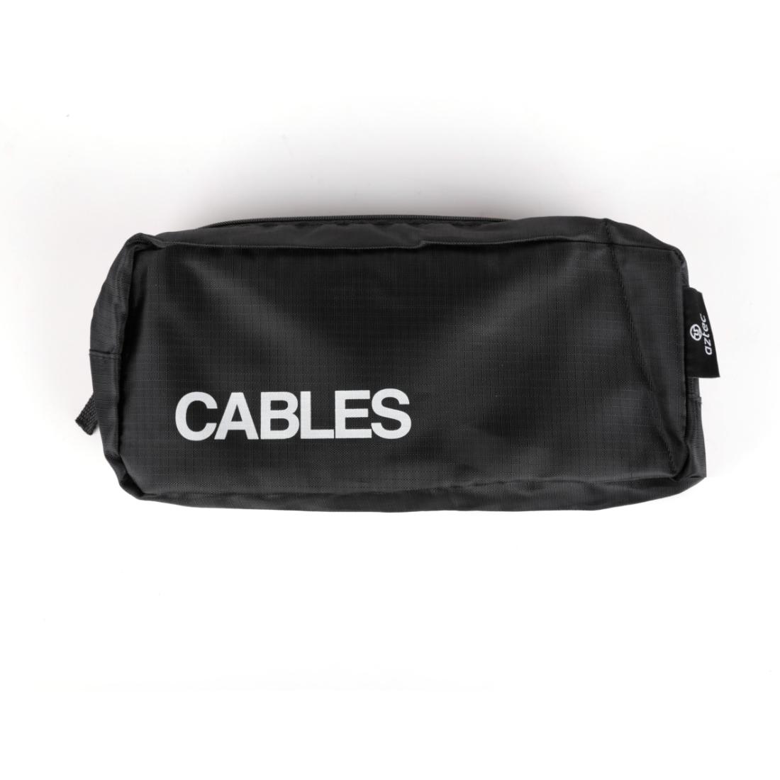 תיק נשיאה שחור עם רוכסן מתוך סט 5 יחידות של Aztec Travel Organizers מבית Aztec, עם הכיתוב "CABLES" באותיות לבנות מודגשות, אידיאלי לנסיעות או לשימוש עם קוביות אריזה, מוצג על רקע לבן.