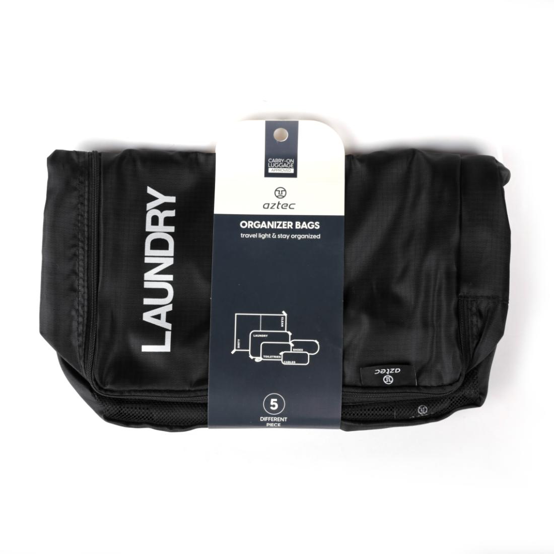 מארגני הנסיעות Aztec Travel Organizers (5 יחידות) מבית Aztec מגיעים בצבע שחור, עם הכיתוב "Laundry", ומאושרים לנשיאה בתא הנוסעים. סט זה כולל קוביות אריזה לכביסה, מוצרי טיפוח, נעליים וכבלים — מארגני מזוודות אידיאליים לכל טיול.