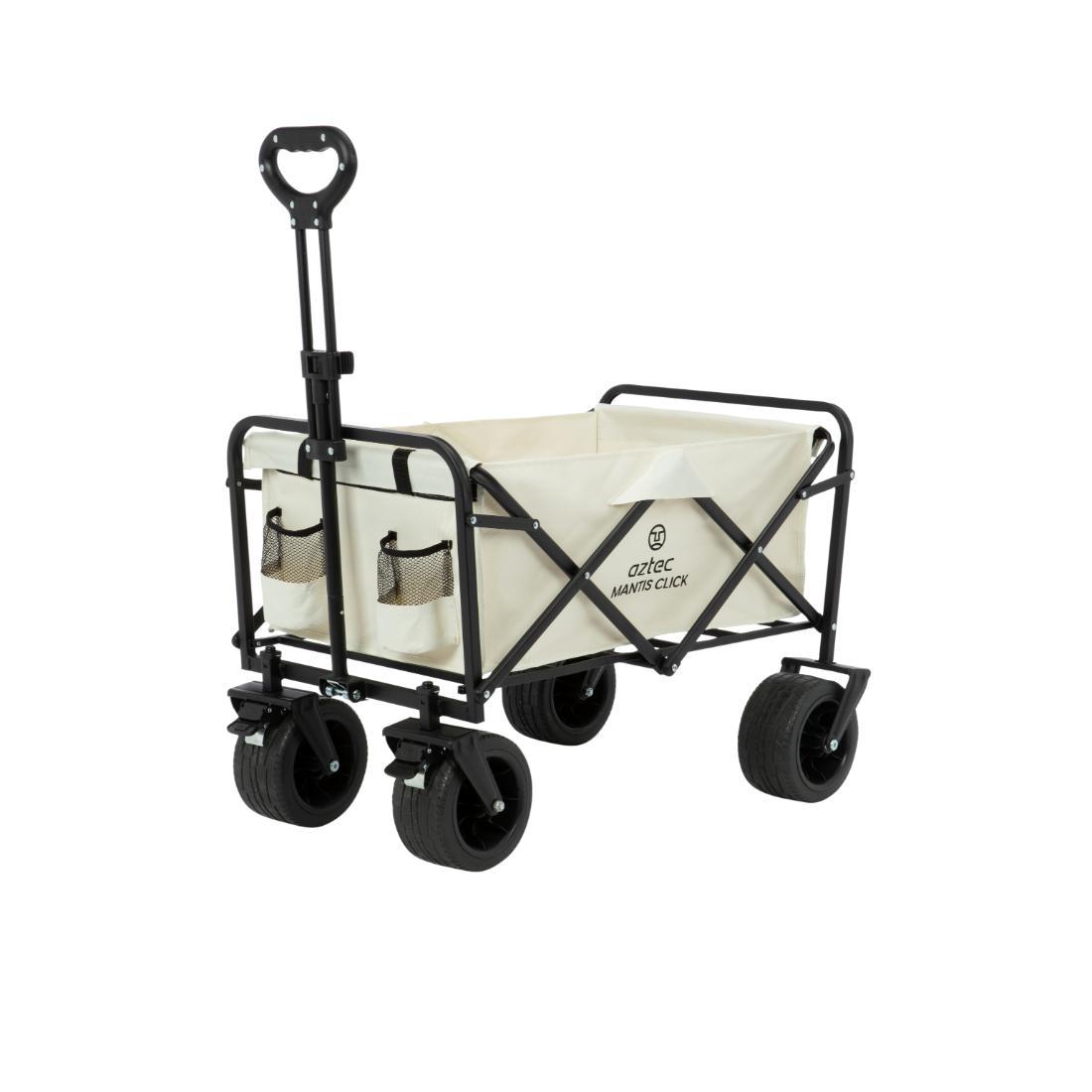 עגלת ה-Click Cart של Aztec Mantis היא עגלת שירות מתקפלת עם גלגלים שחורים גדולים, שלדת מתכת שחורה וחזקה, גוף מבד בצבע בז', שני כיסים צדדיים מרשת וידית ארוכה למשיכה קלה.
